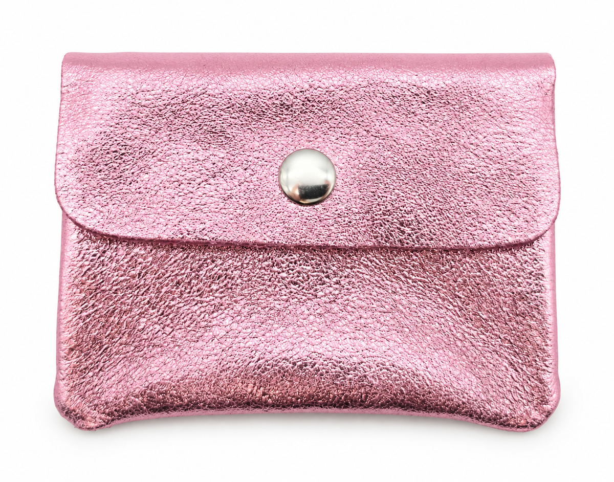 Mini Geldbörse aus echtem Rindleder – kompaktes Leder Portemonnaie Made in Italy rosa metallic
