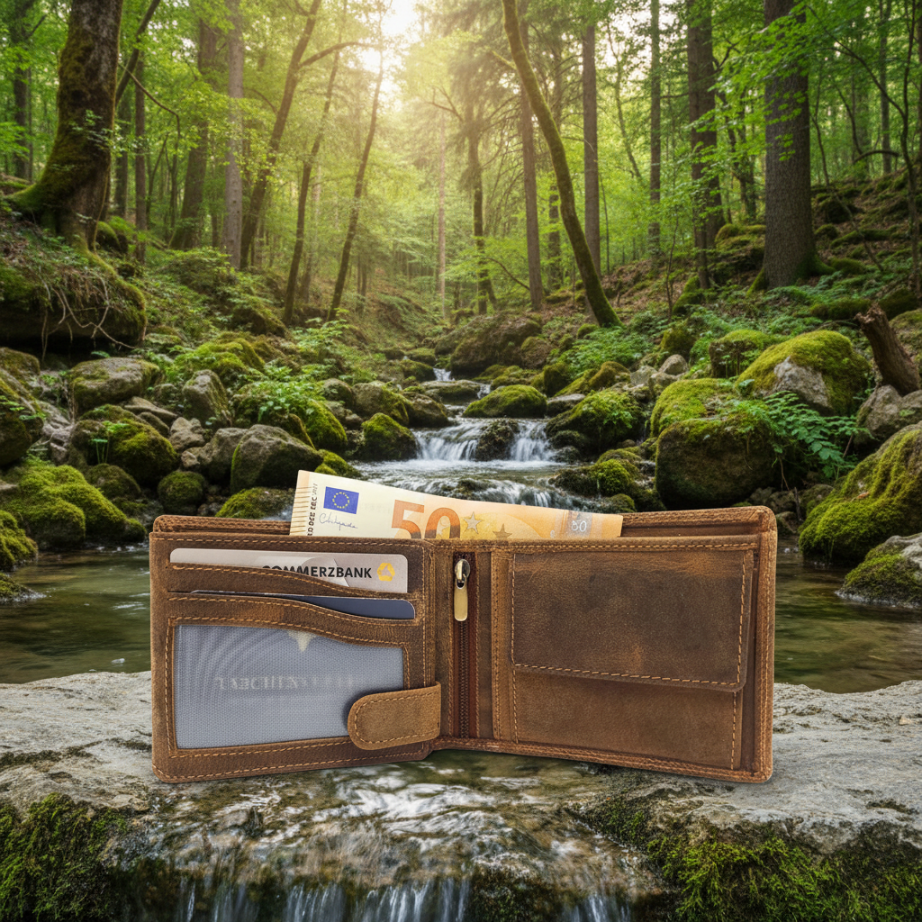 Lemasi robustes Hunterleder Portemonnaie Geldbörse RFID Blocker 16 Fächer Unisex braun
