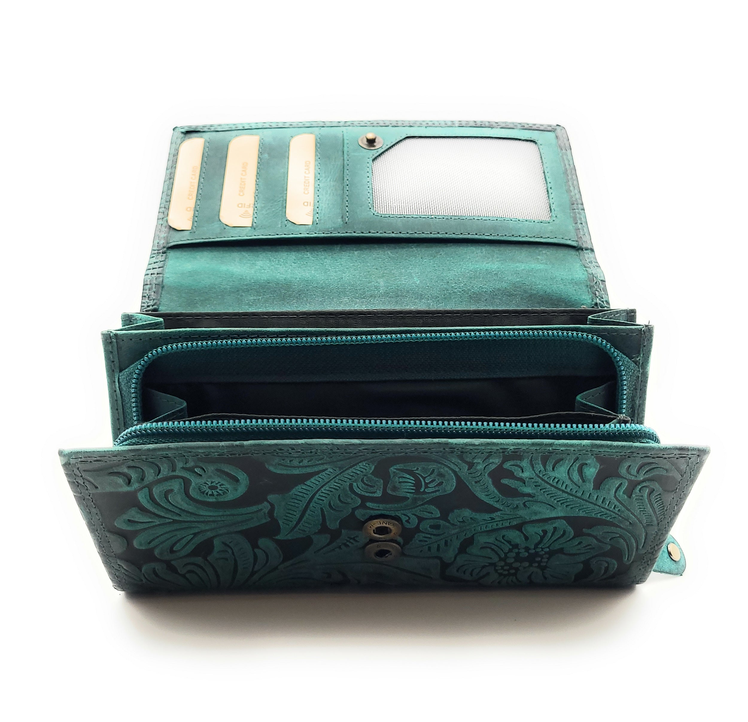 Damen Geldbörse Groß Echt Leder RFID Schutz - Büffelleder Portemonnaie mit 18 Kartenfächern - Große Brieftasche mit Blumenprägung grün