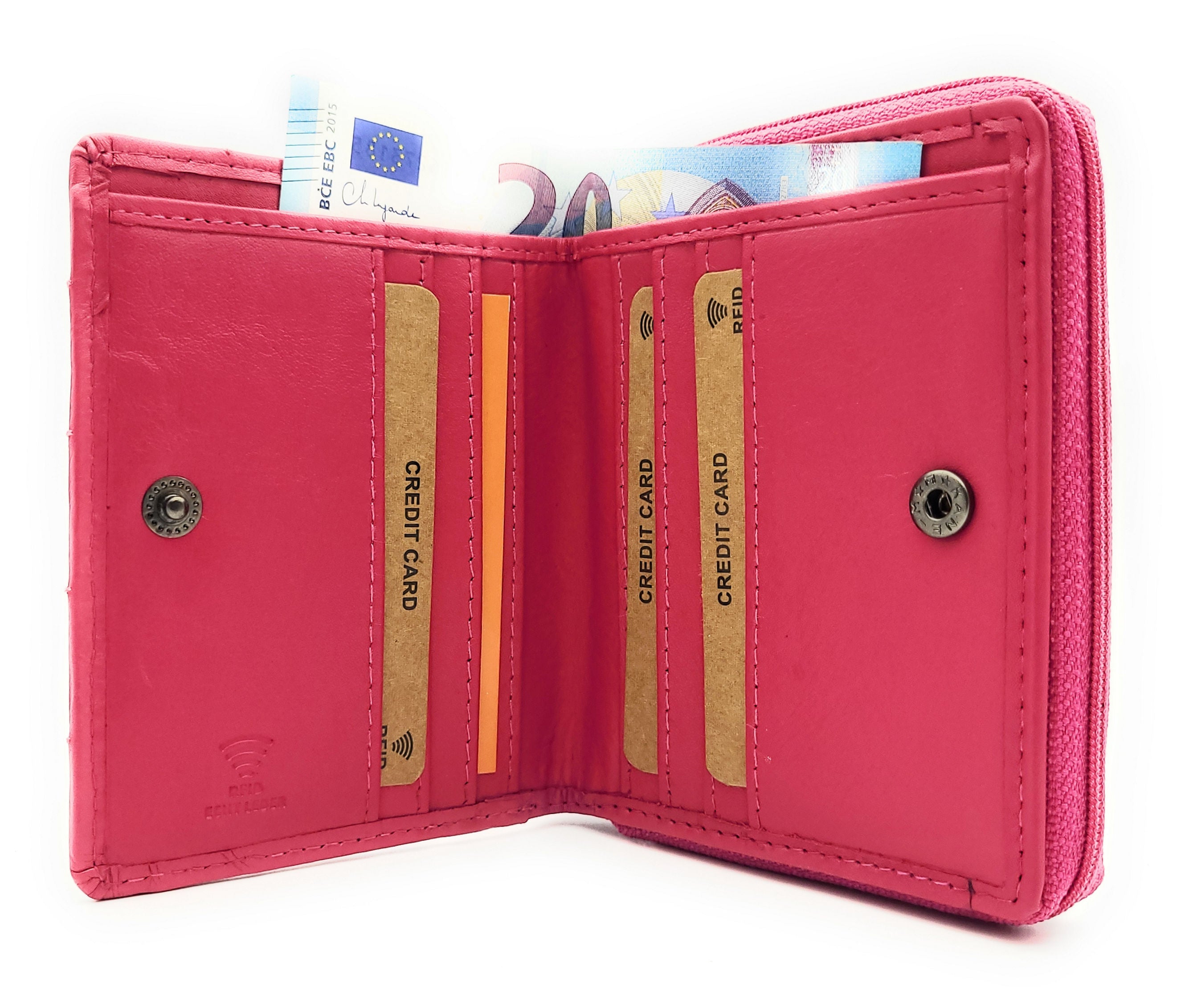 Damen Geldbörse RFID Schutz Nappaleder - Kompakt mit 6 Kartenfächern & Münzfach berry