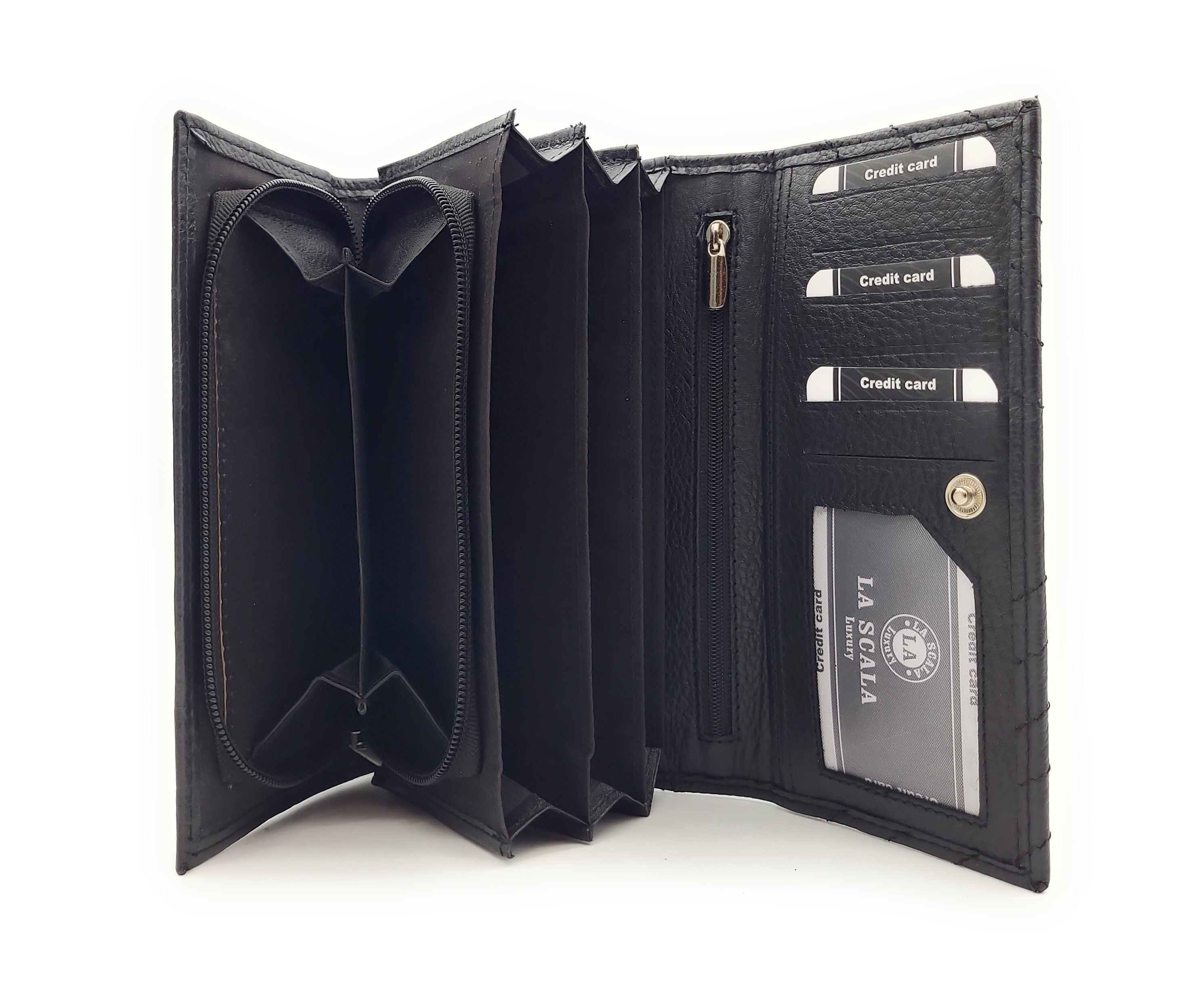 La Scala Damen Geldbörse Echt Leder RFID-Schutz Gesteppt 5 Kartenfächer 3 Scheinfächer Portemonnaie Börse schwarz