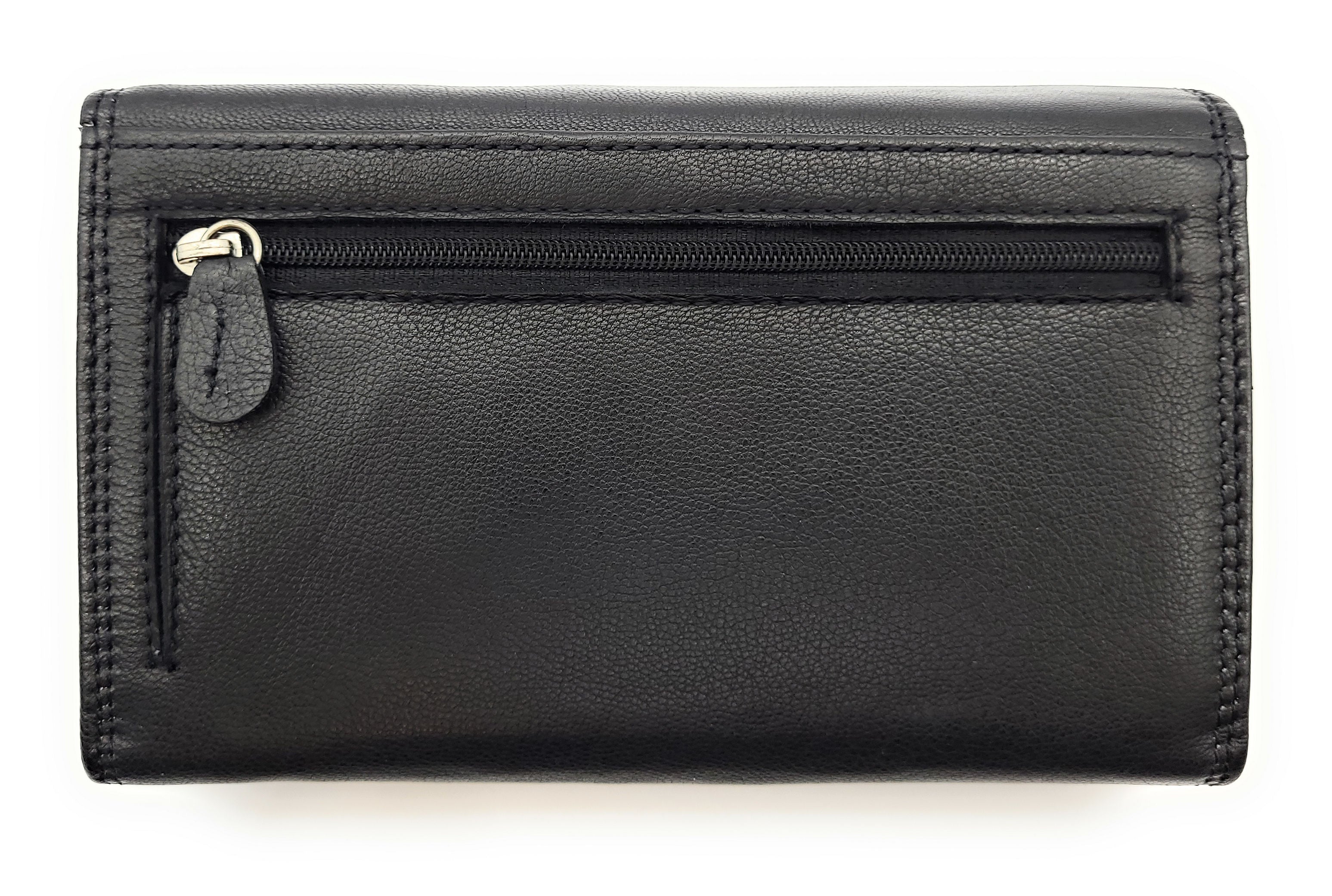 Damen Leder Geldbörse mit RFID Schutz - 12 Kartenfächer, Münzfach und Reißverschlussfächer - Portemonnaie Schwarz