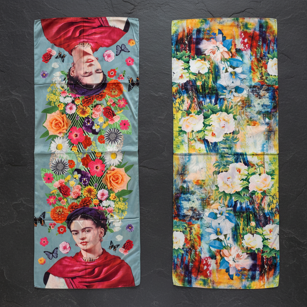 Wendeschal Stola Kunstdruck – Frau & florale Motive – 20% Seide 80% Viskose 180x70 cm
