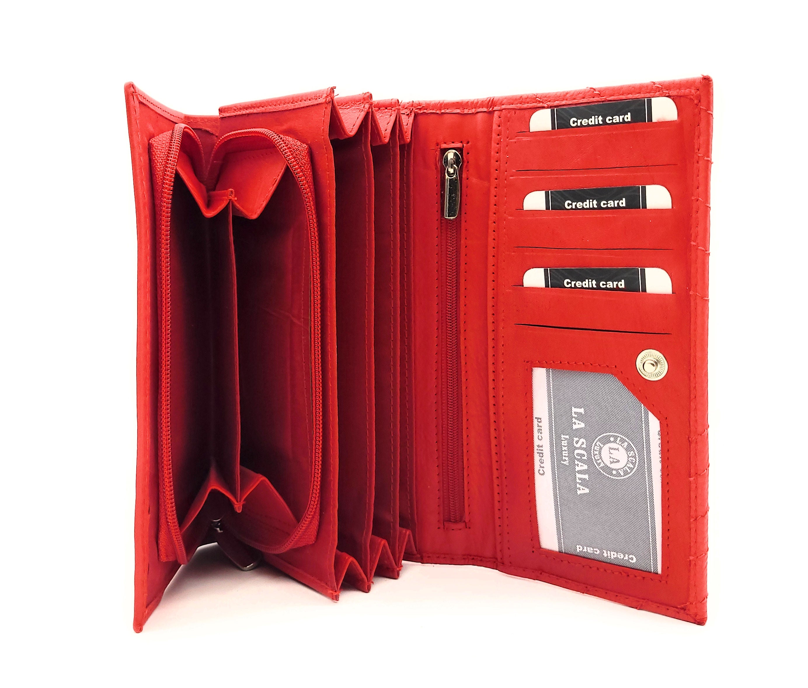 La Scala Damen Geldbörse Echt Leder RFID-Schutz Gesteppt 5 Kartenfächer 3 Scheinfächer Portemonnaie Börse rot