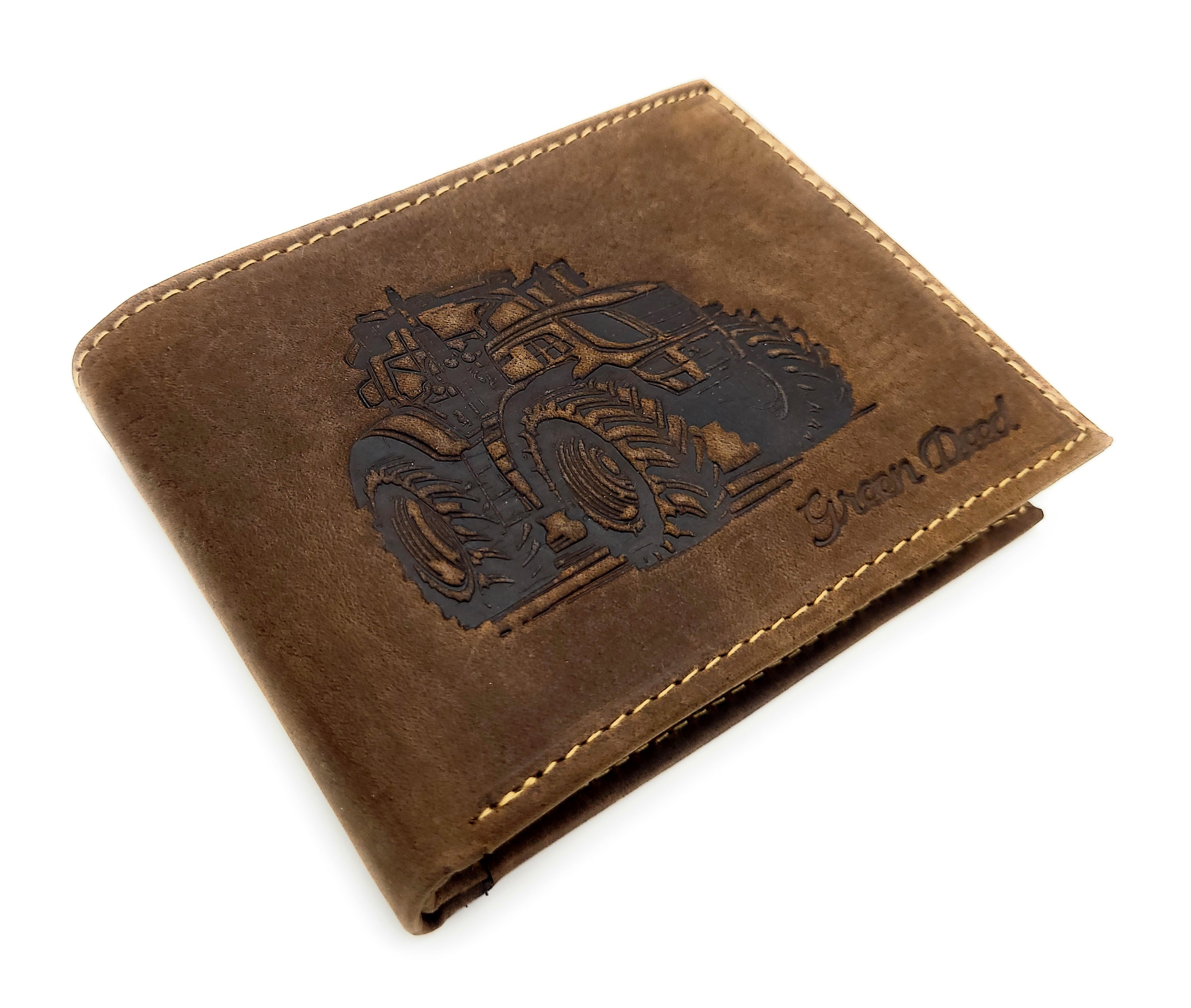 Green Deed Geldbörse aus Hunterleder – Dunkelbraun mit geprägtem Traktor-Motiv, RFID-Schutz & Geschenkbox