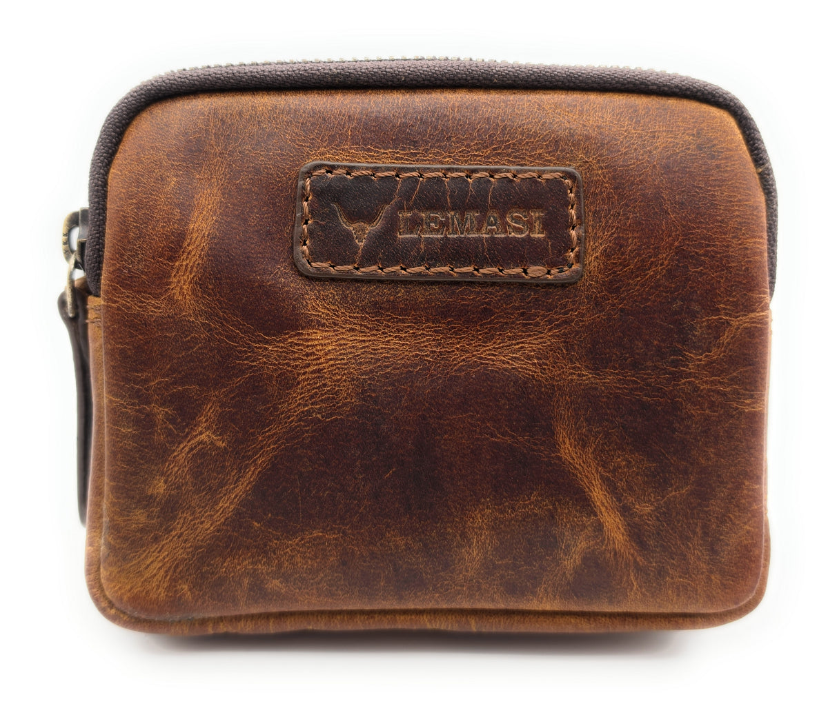 Lemasi Mini Gürteltasche aus Büffel-Hunterleder – Braun, 2 Reißverschlussfächer