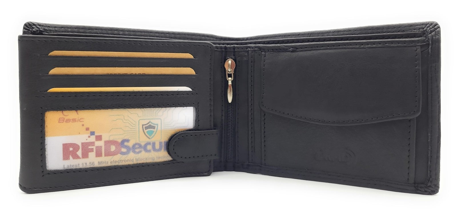 Jockey Club Basic Geldbörse aus Rindleder mit RFID-Schutz, Reißverschlussfach, 6 Kartenfächern, 2 Sicht- & 2 Einsteckfächern, Münzfach & Doppelnaht schwarz