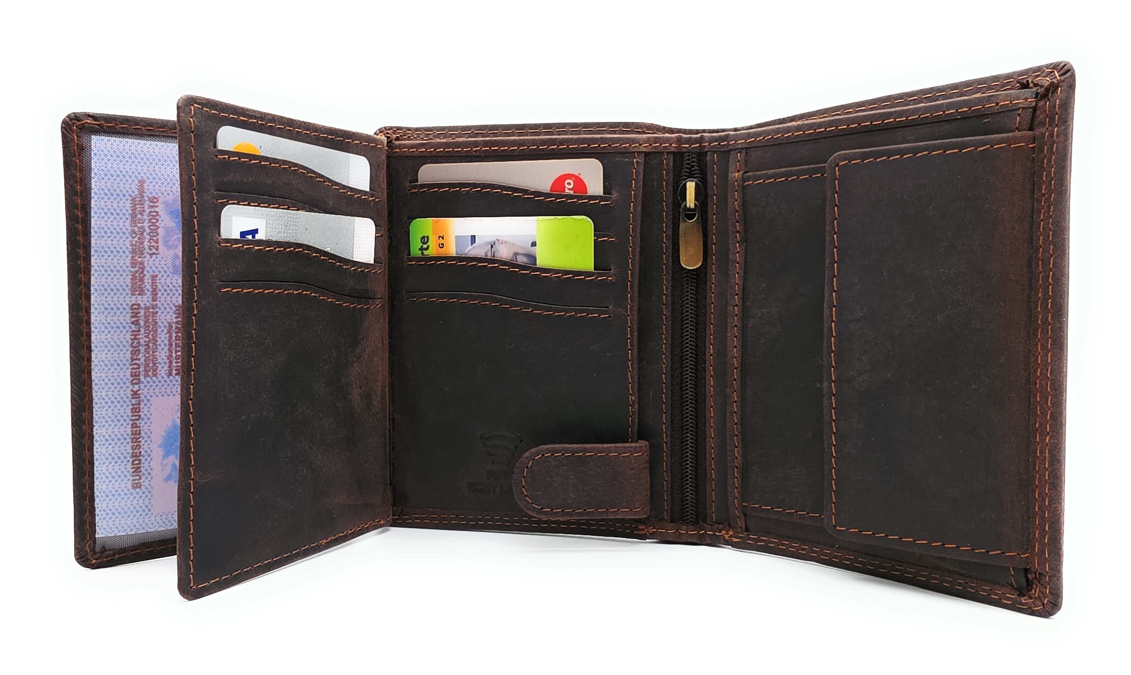 Lemasi robustes Hunterleder Portemonnaie Geldbörse RFID Blocker 19 Fächer Unisex dunkelbraun