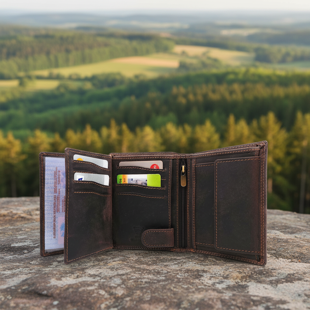 Lemasi robustes Hunterleder Portemonnaie Geldbörse RFID Blocker 19 Fächer Unisex dunkelbraun
