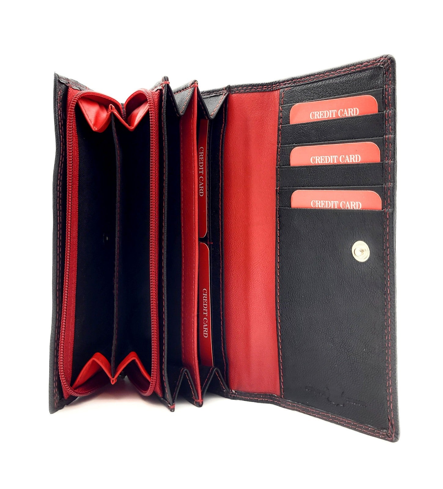 Große Damen Geldbörse aus Echtleder mit RFID-Schutz, 18 Kartenfächer, Langformat mit Münzfach & Doppelnaht schwarz rot