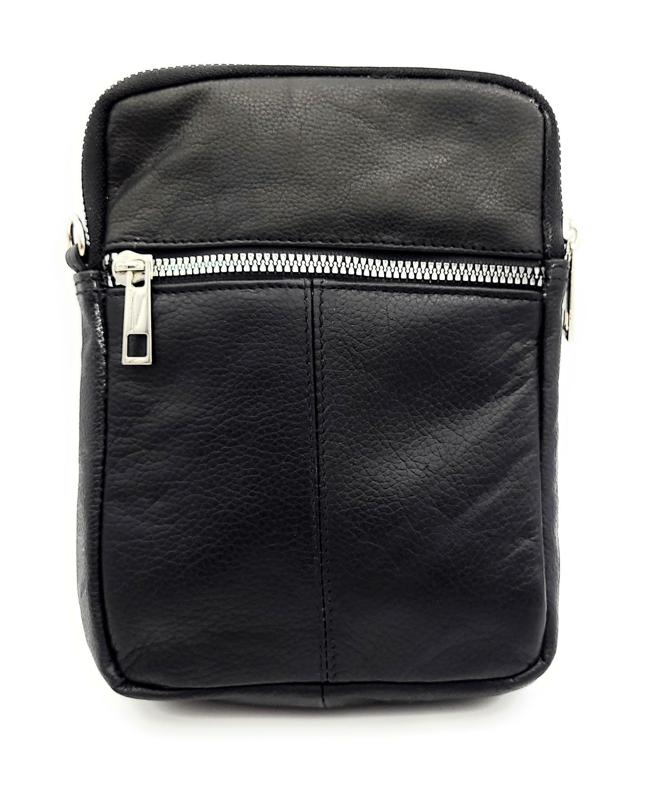Unisex Umhängetasche aus schwarzem Nappaleder mit silbernen Reißverschlüssen