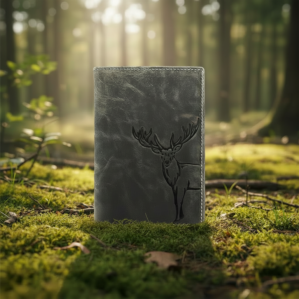 Jockey Club echt Leder Passhülle Etui Hülle Dokumenten Mappe Hunterleder Hirsch duo grau