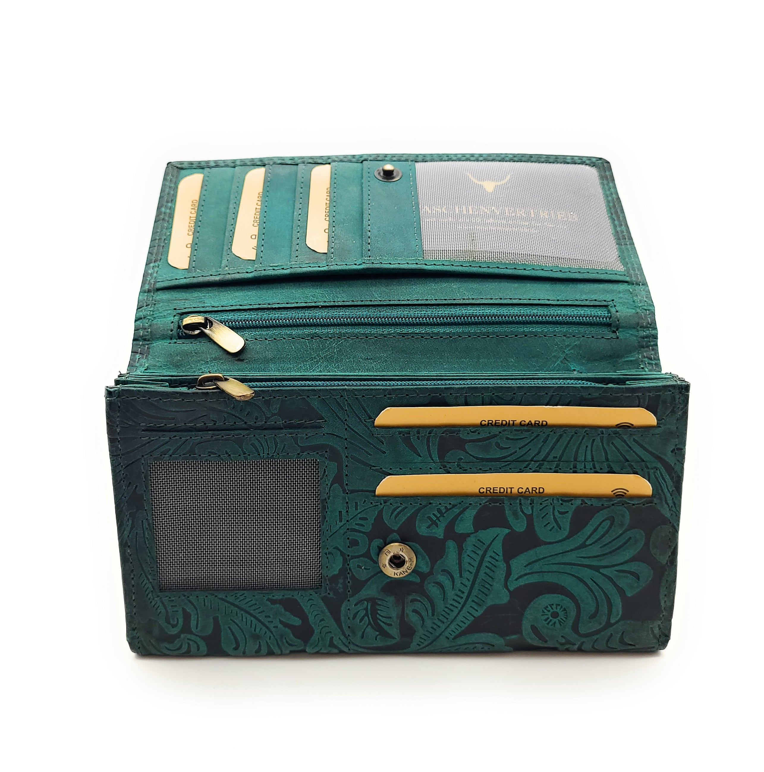 Damen Geldbörse Leder RFID Schutz - Hunter Büffelleder mit Blumenprägung grün