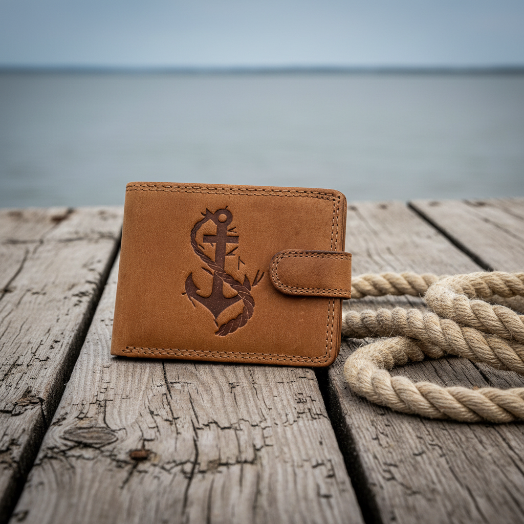 Hunterleder Geldbörse mit Anker-Prägung - Maritimes Portemonnaie für Damen & Herren