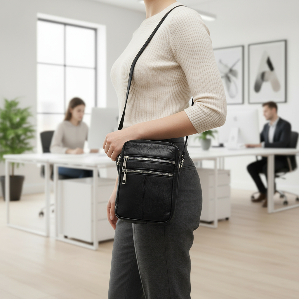 Unisex Umhängetasche aus schwarzem Nappaleder mit silbernen Reißverschlüssen