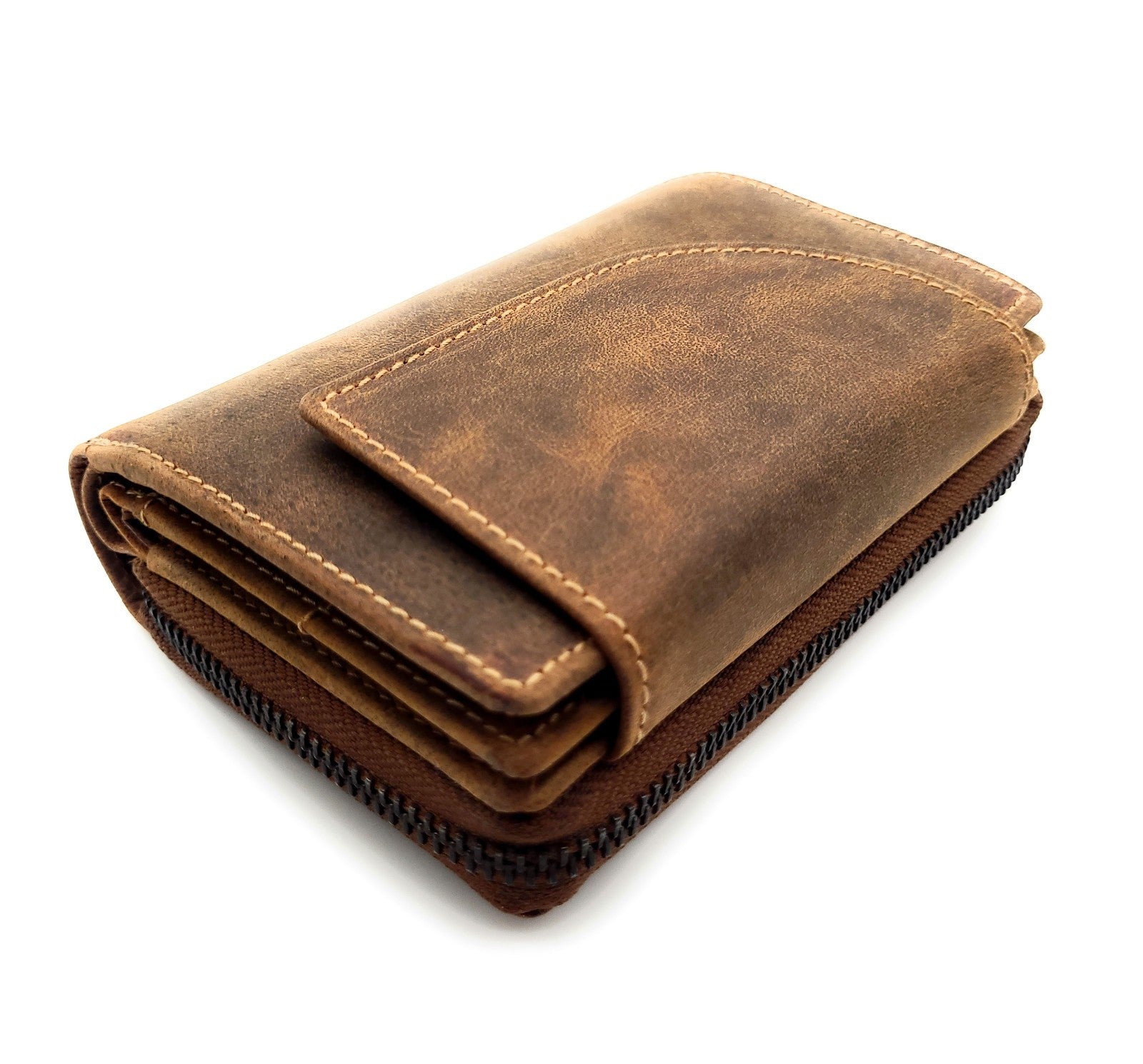Jockey Club XL Damen Geldbörse Hunterleder Braun – RFID-Schutz, viele Fächer, Außenriegel