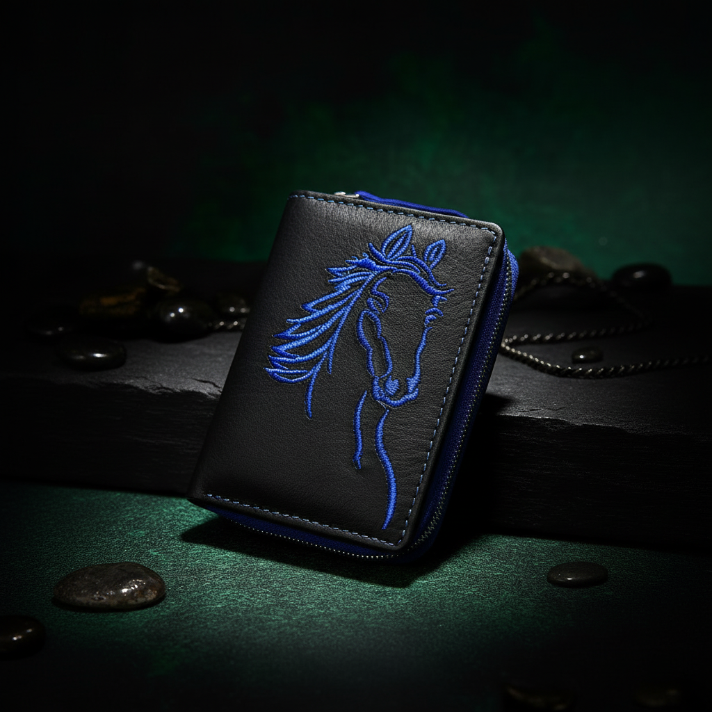 Jockey Club Mini-Geldbörse aus Leder mit RFID-Schutz & Pferde-Stickerei – kompakt & stilvoll schwarz royalblau