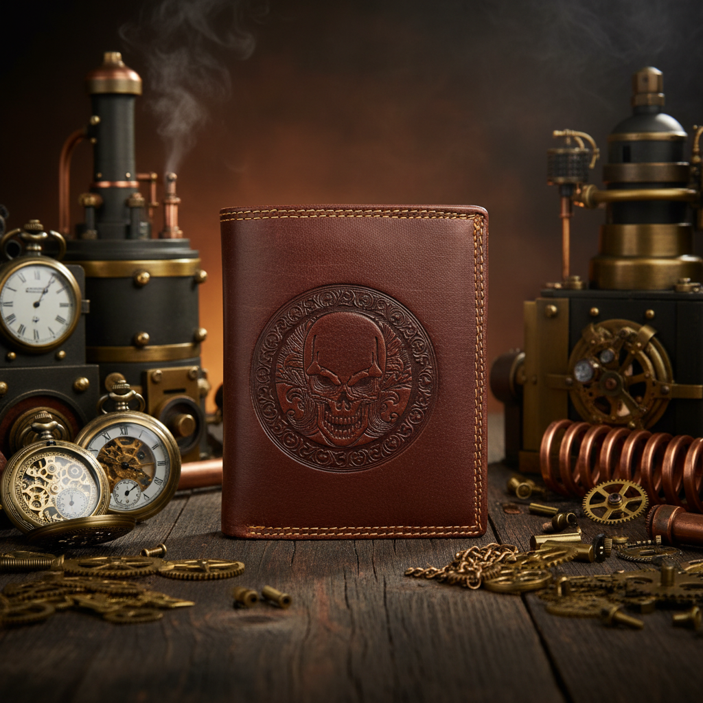 echt Leder Geldbörse Portemonnaie Geldbeutel mit RFID Schutz Skull Schädel Totenkopf braun