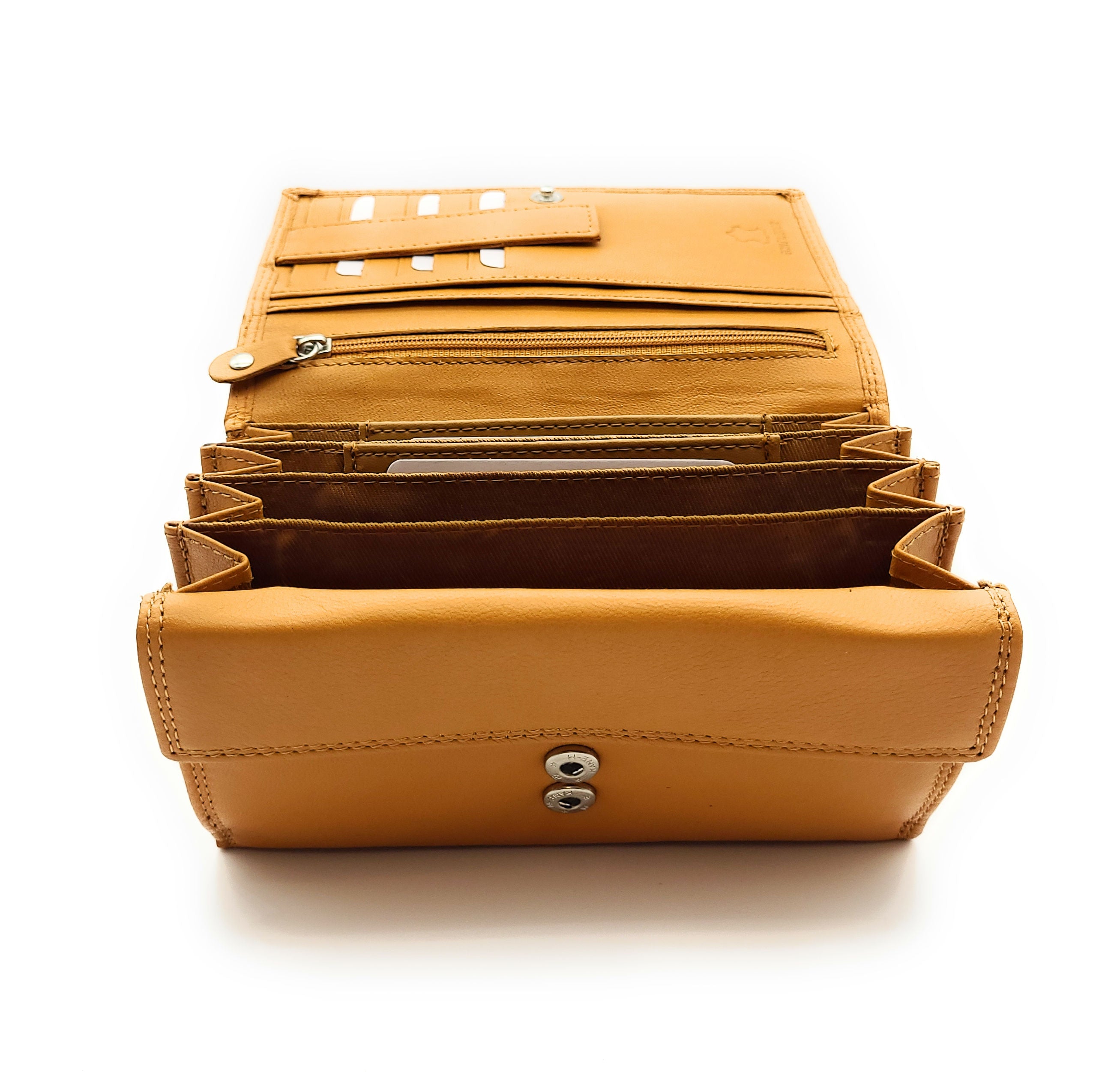 Damen Leder Geldbörse mit RFID Schutz - 12 Kartenfächer, Münzfach und Reißverschlussfächer - Portemonnaie Cognac