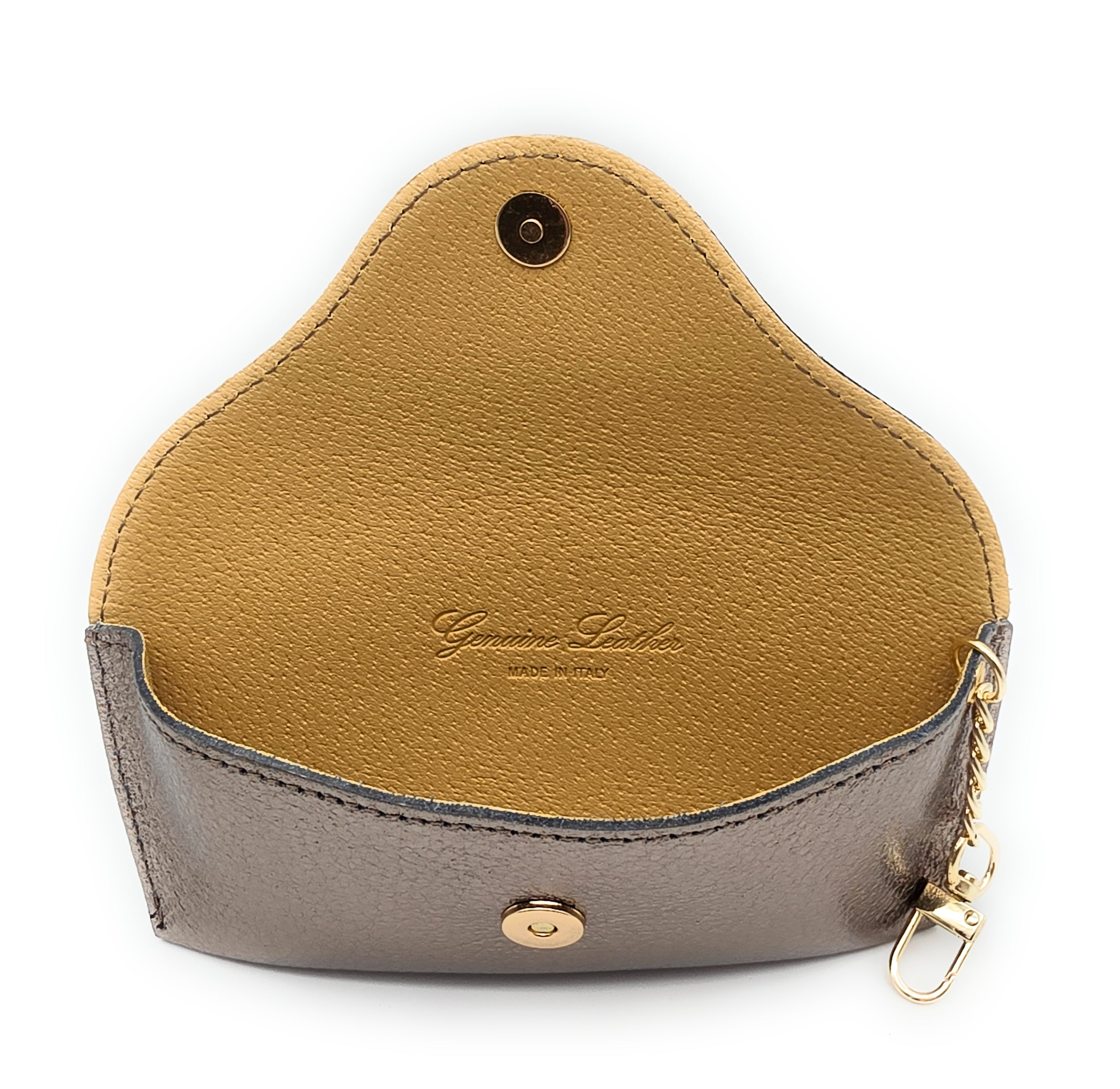 Brillenetui aus echtem Leder mit Magnetverschluss und Karabinerkette – Made in Italy bronze