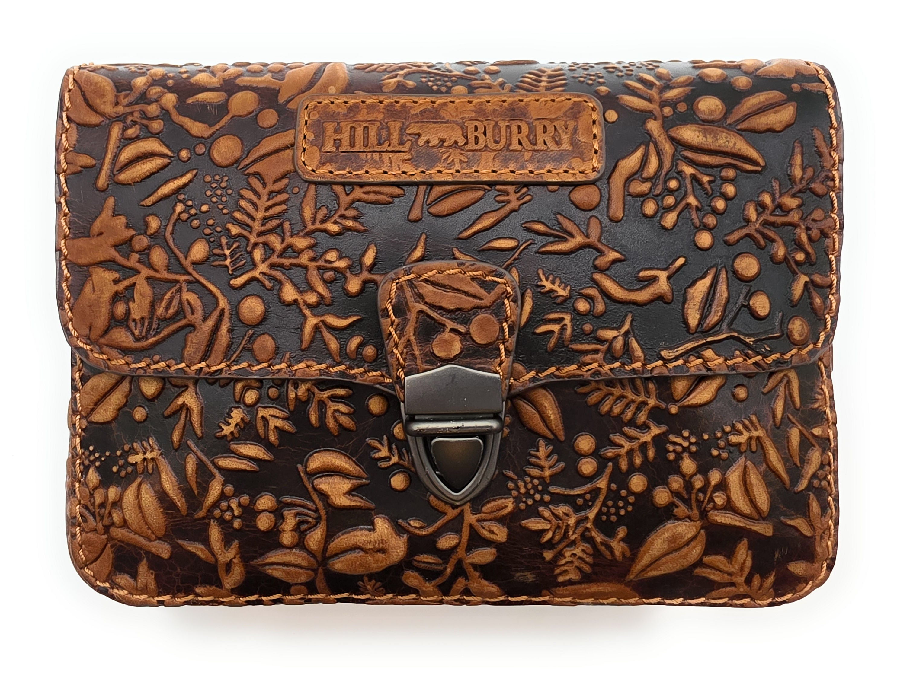 Hill Burry Damen Gürteltasche – Echtleder, floral geprägt, Braun