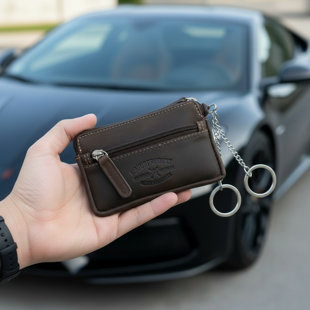 Jockey Club Schlüsseletui aus purem Büffel-Hunter-Leder – ungefüttertes, langlebiges Lederetui mit Reißverschlussfächern und zwei Schlüsselringen dunkelbraun