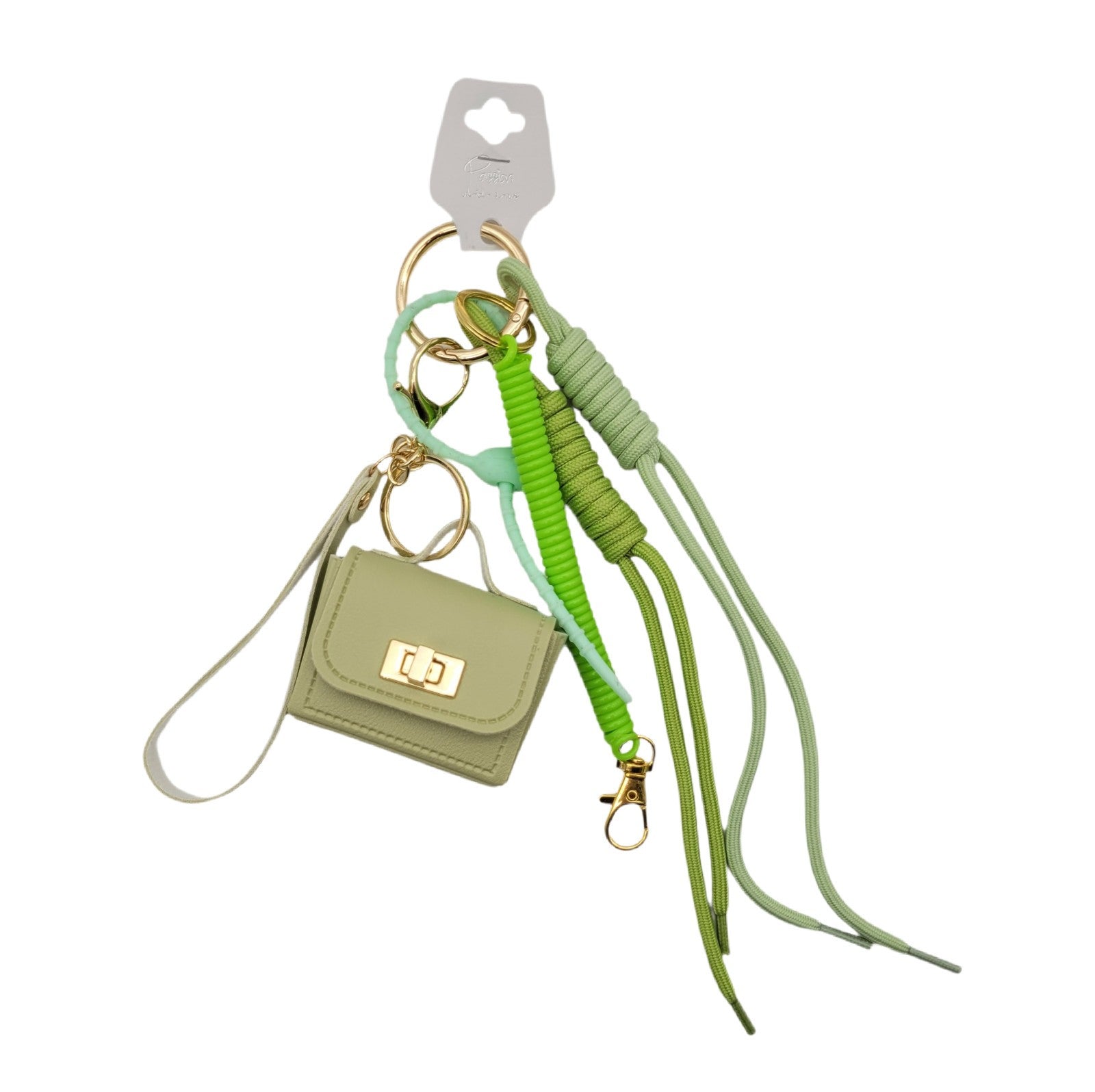 Handtaschen-Anhänger Charm Mini-Täschchen 25cm Geflochtene Kordeln grün Gold