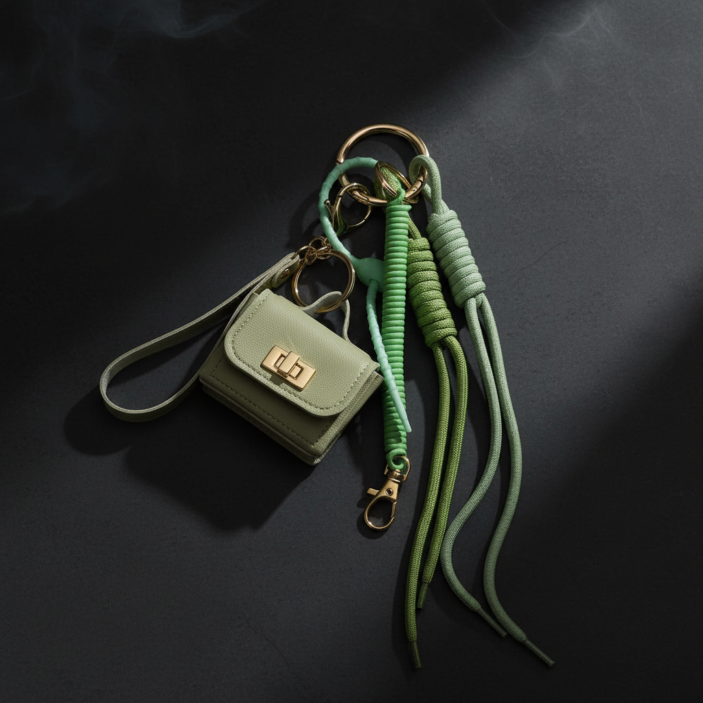 Handtaschen-Anhänger Charm Mini-Täschchen 25cm Geflochtene Kordeln grün Gold