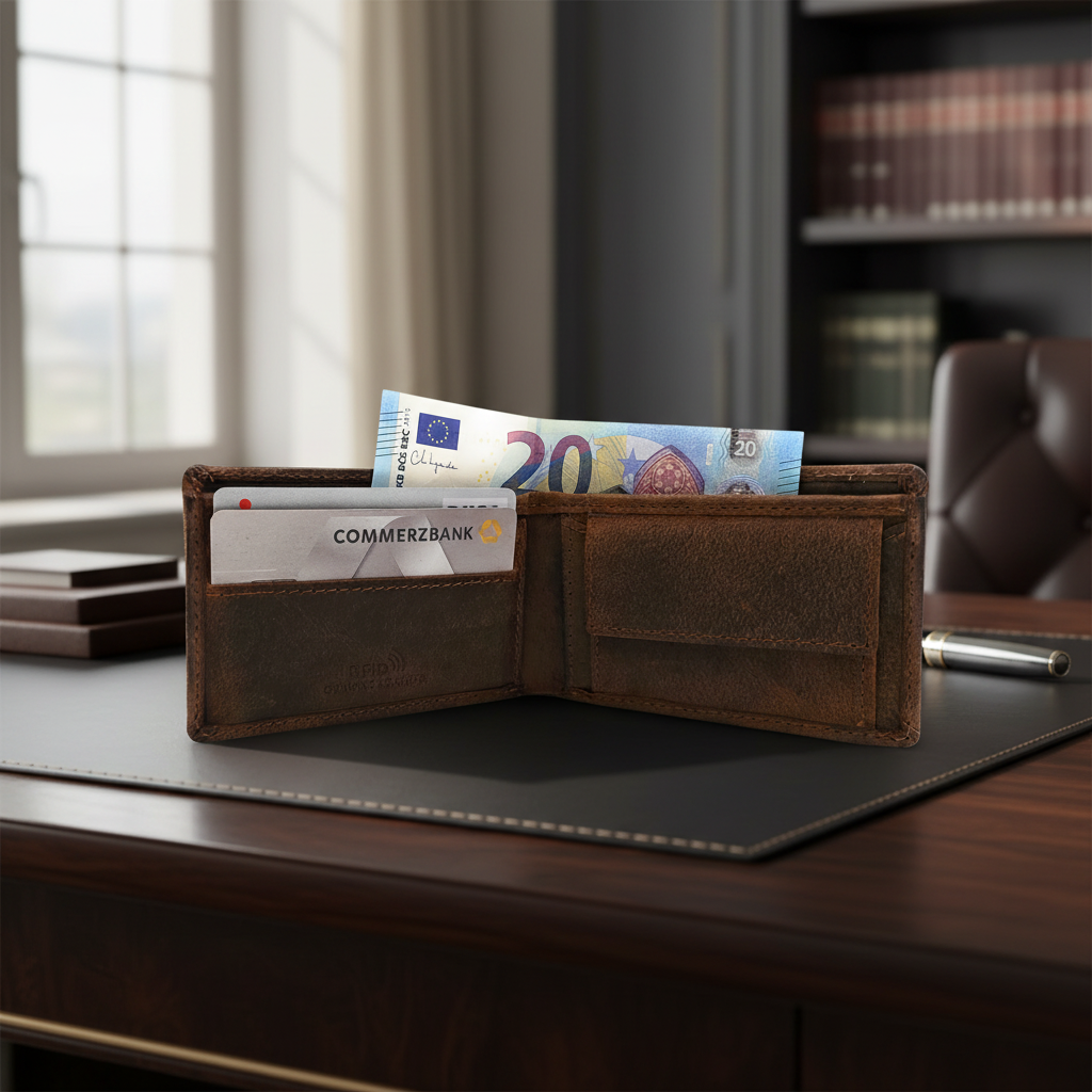 Lemasi Mini Geldbörse Hunterleder Braun – RFID-Schutz, 6 Kartenfächer