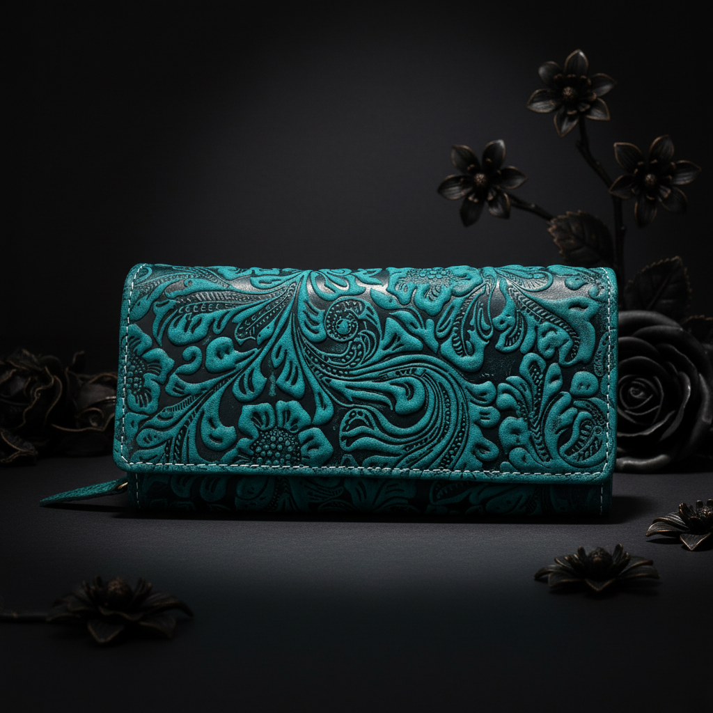 Jockey Club Damengeldbörse, Portemonnaie aus Echtleder mit RFID-Schutz & Blüten-Prägung petrol