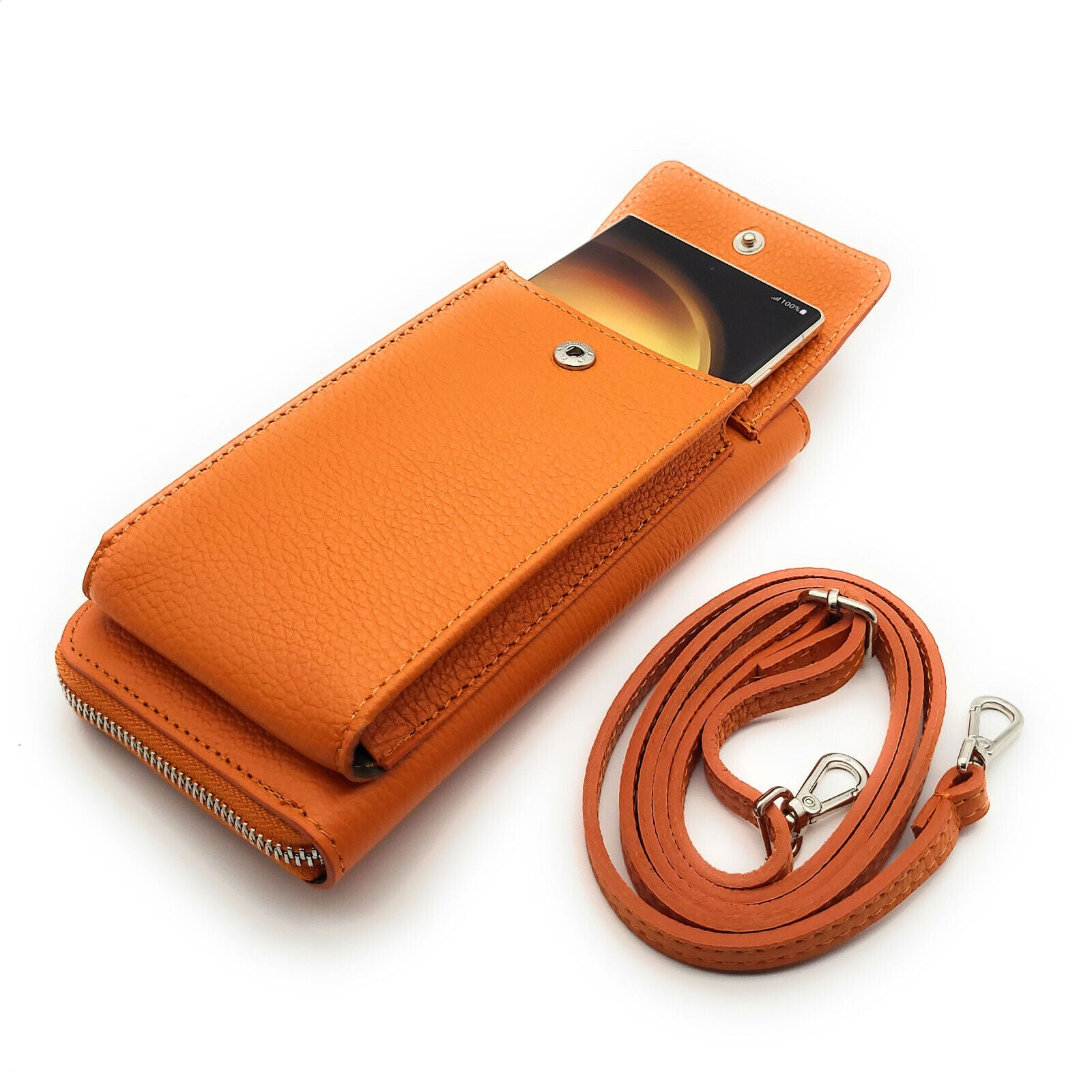 echt Leder Handybörse Smartphonetasche Geldbörse Umhängetasche made in Italy orange