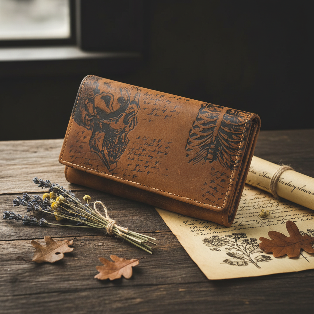 Jockey Club echt Leder Geldbörse lang Hunterleder Portemonnaie Totenkopf Schädel Skull mit RFID Schutz braun