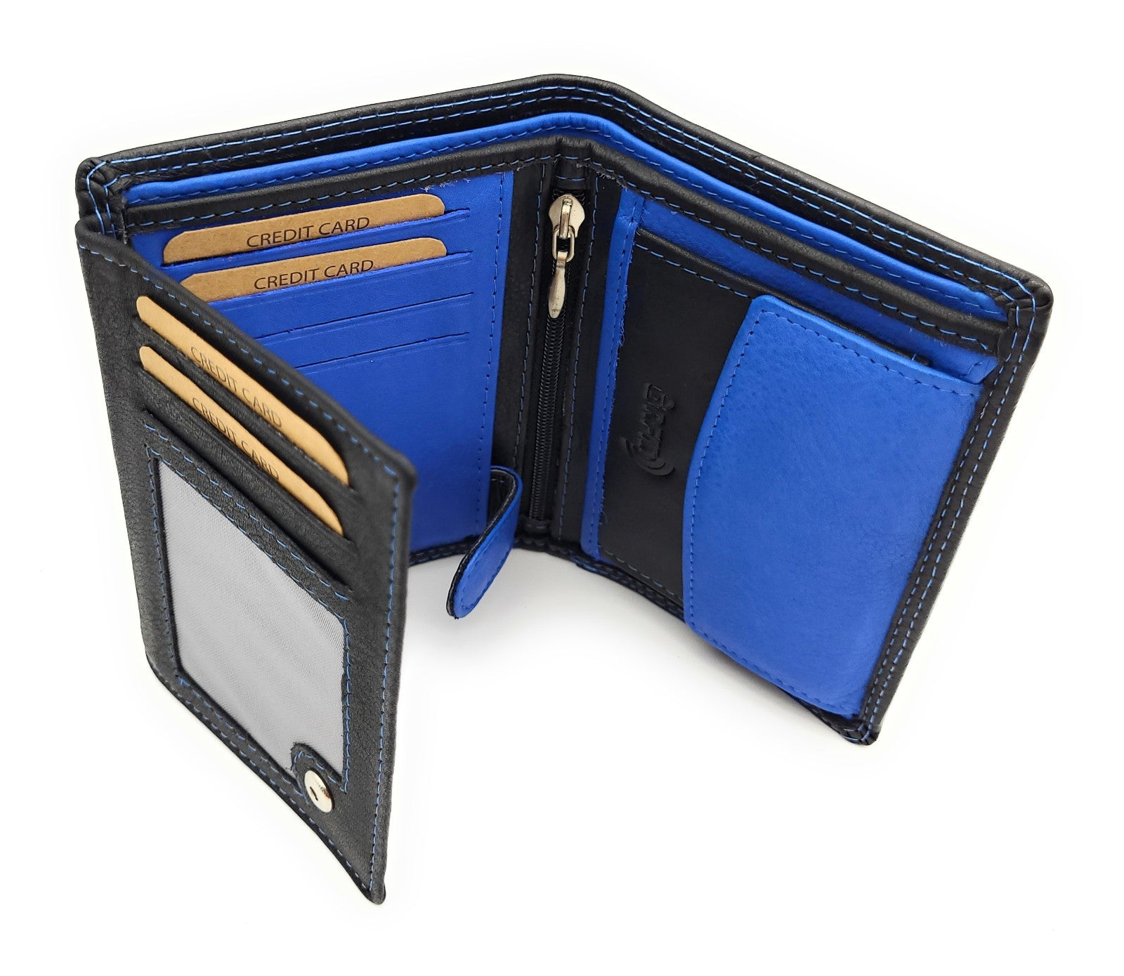 Jockey Club Basic Geldbörse aus Rindleder mit RFID-Schutz, Reißverschlussfach, 6 Kartenfächern, 2 Sicht- & 2 Einsteckfächern, Münzfach & Doppelnaht schwarz royal