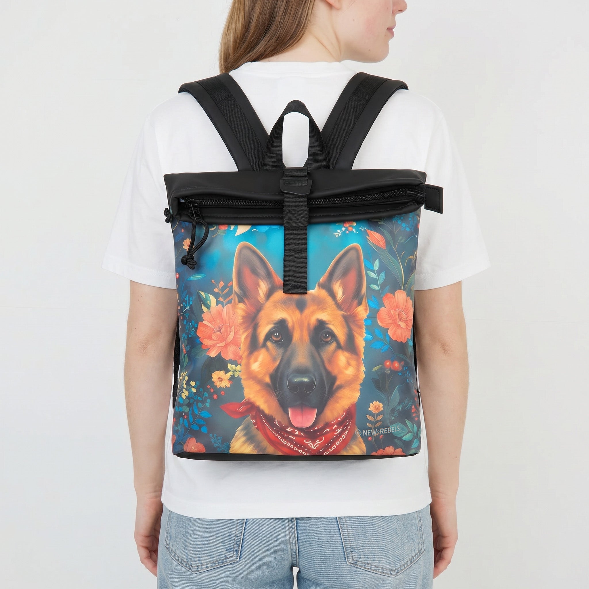 New Rebels Rolltop Rucksack Schäferhund – Wasserabweisend, Cityrucksack Los Angeles