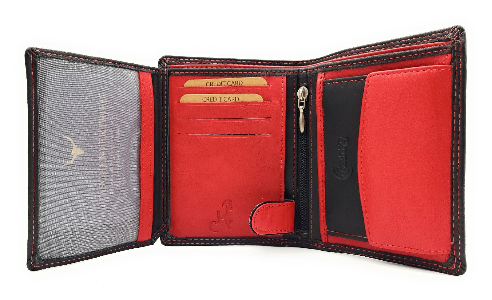 Jockey Club Basic Geldbörse aus Rindleder mit RFID-Schutz, Reißverschlussfach, 6 Kartenfächern, 2 Sicht- & 2 Einsteckfächern, Münzfach & Doppelnaht schwarz rot