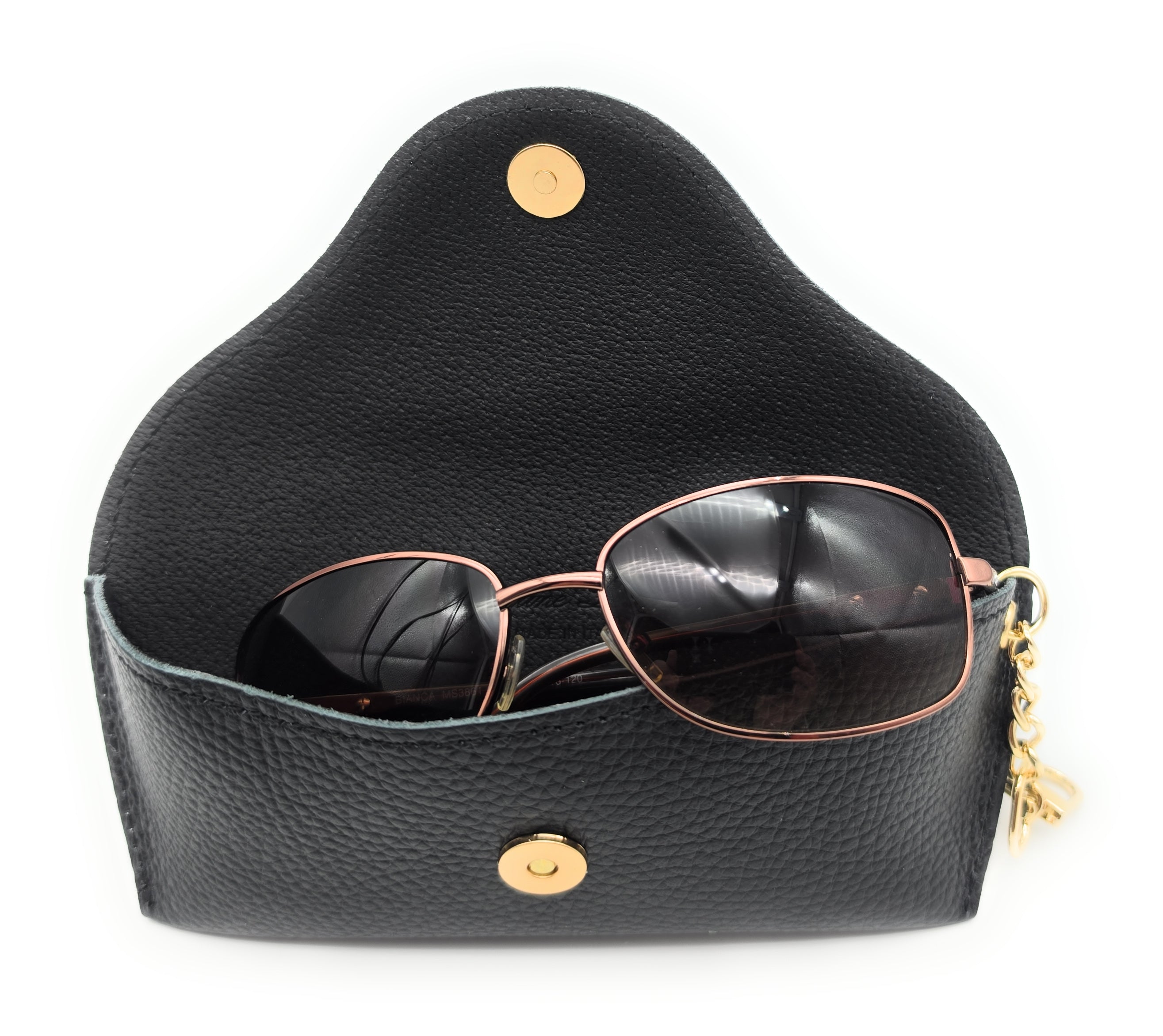 Brillenetui aus echtem Leder mit Magnetverschluss und Karabinerkette – Made in Italy schwarz
