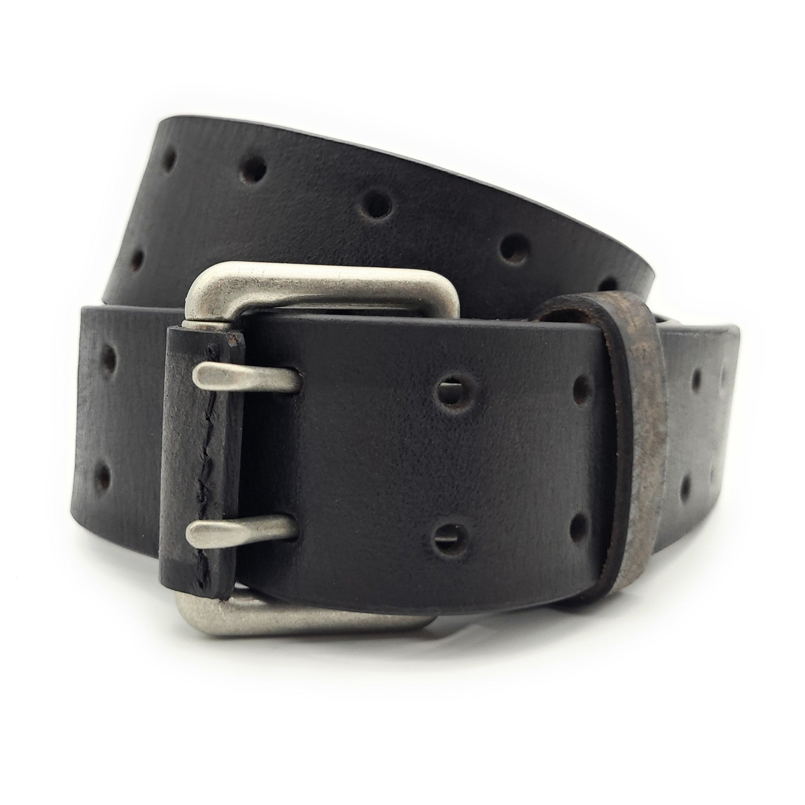 Büffelvollleder Gürtel Unisex 42mm - Doppelte Dornschließe Schwarz-Dunkelgrau Bicolor Vintage kürzbar