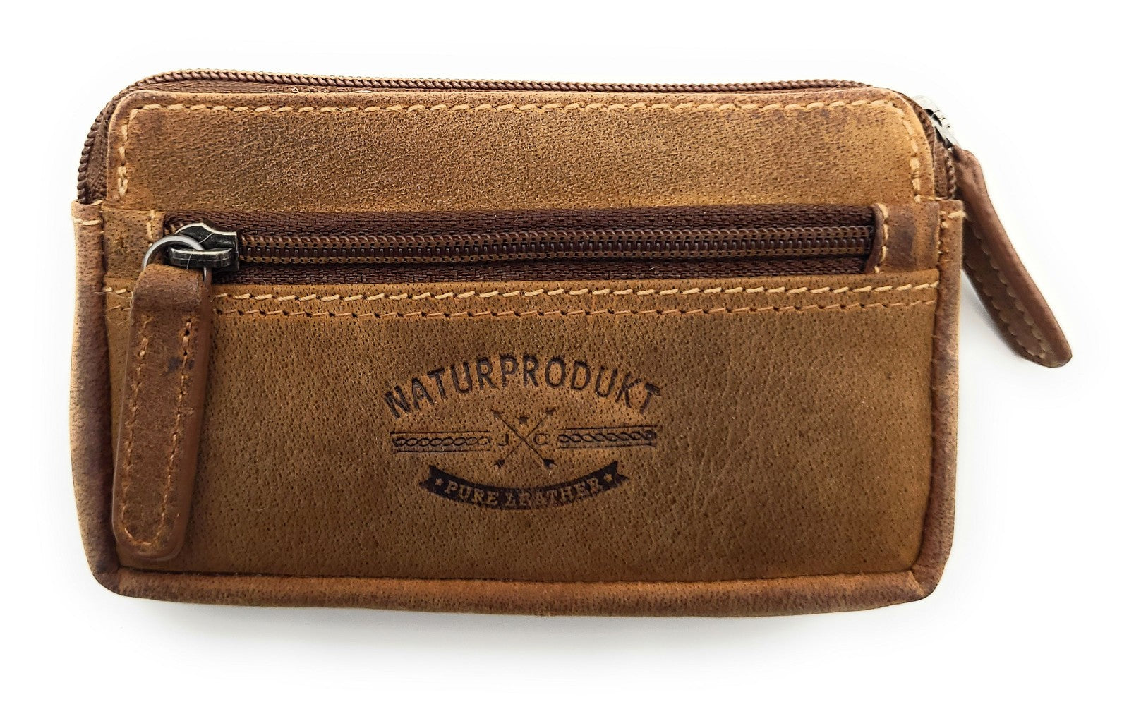 Jockey Club Schlüsseletui aus purem Büffel-Hunter-Leder – ungefüttertes, langlebiges Lederetui mit Reißverschlussfächern und zwei Schlüsselringen cognacbraun