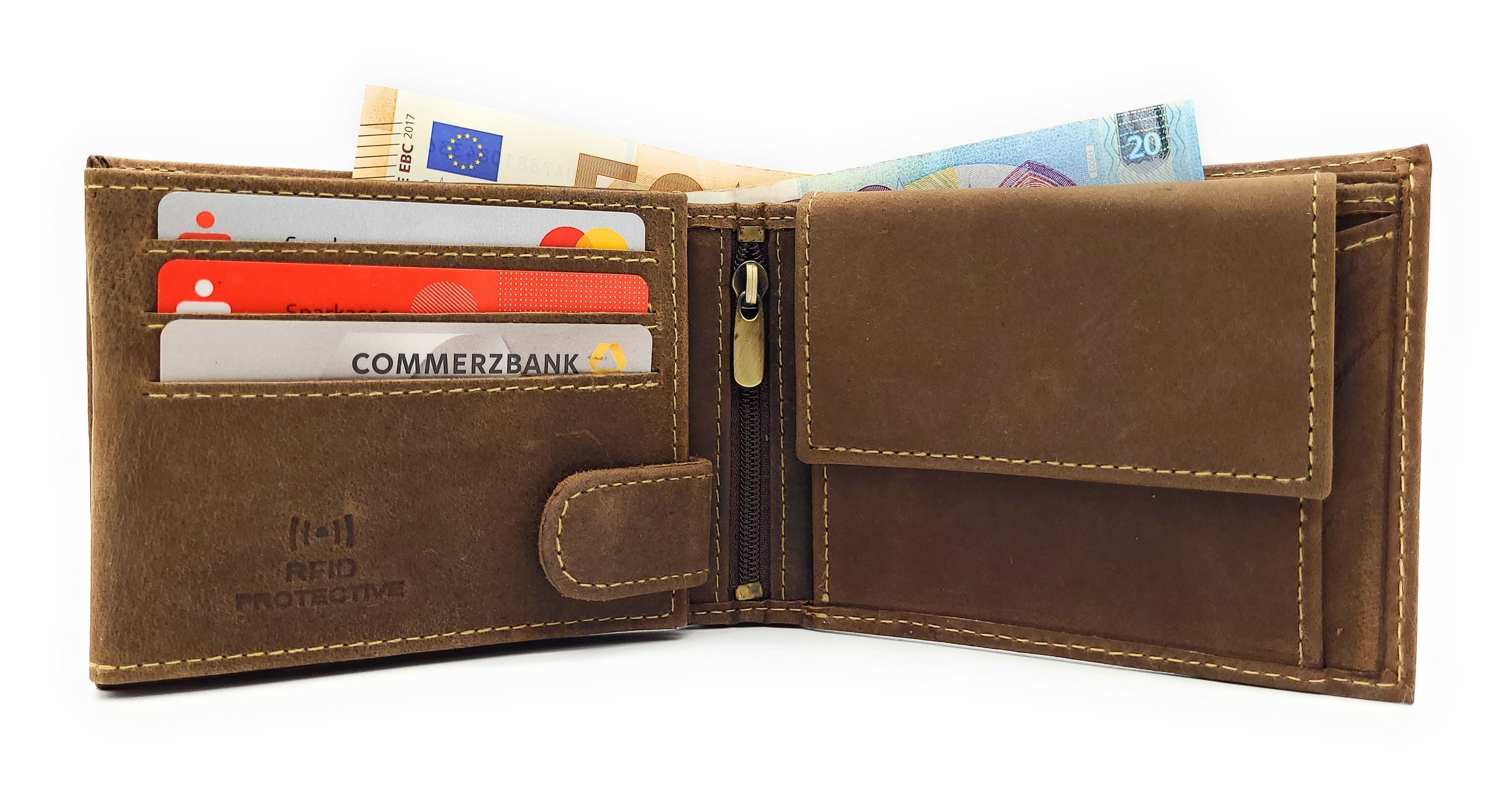 Green Deed Geldbörse aus Hunterleder – Dunkelbraun mit geprägtem Zander-Motiv, RFID-Schutz & Geschenkbox