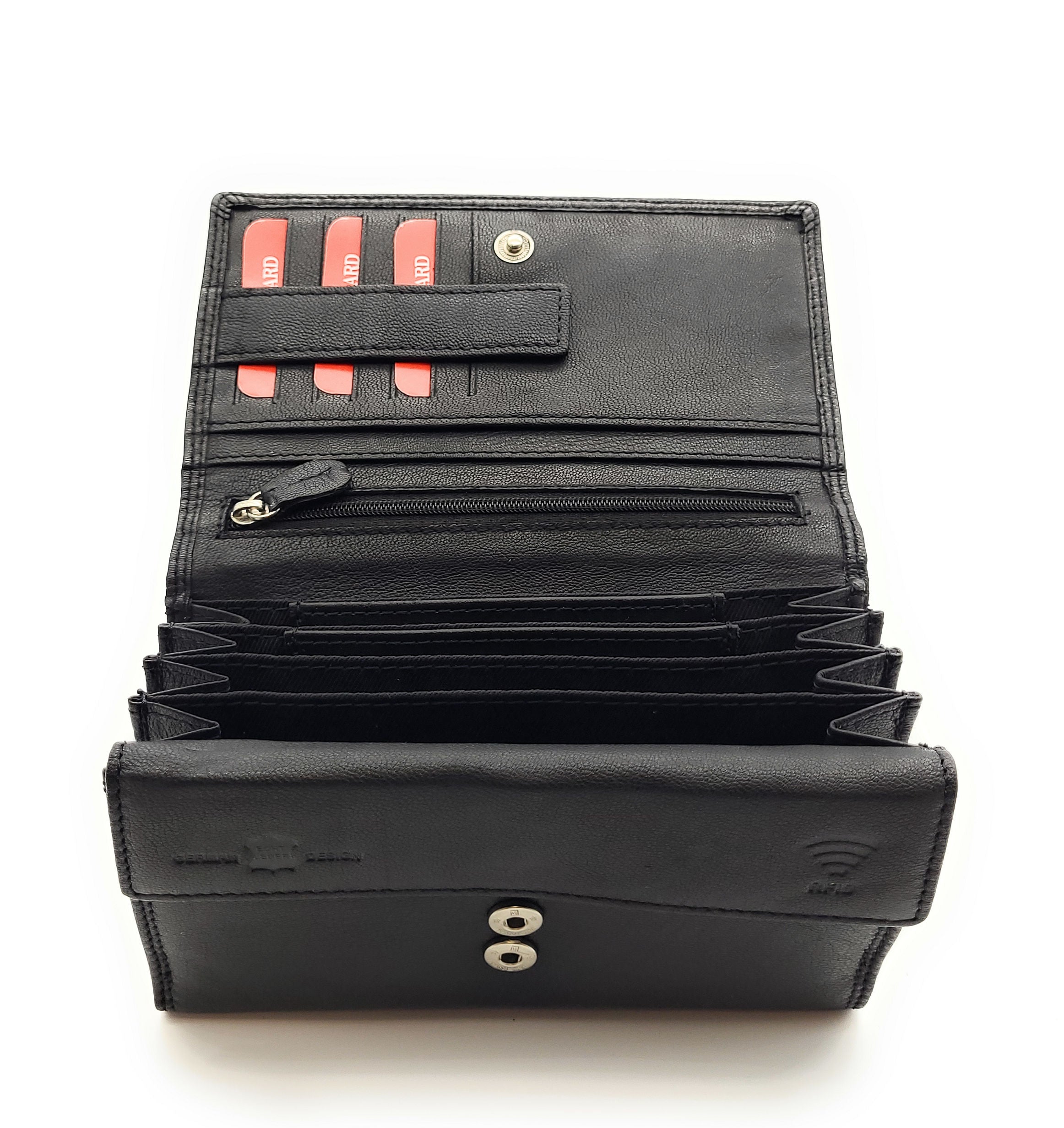 Damen Leder Geldbörse mit RFID Schutz - 12 Kartenfächer, Münzfach und Reißverschlussfächer - Portemonnaie Schwarz