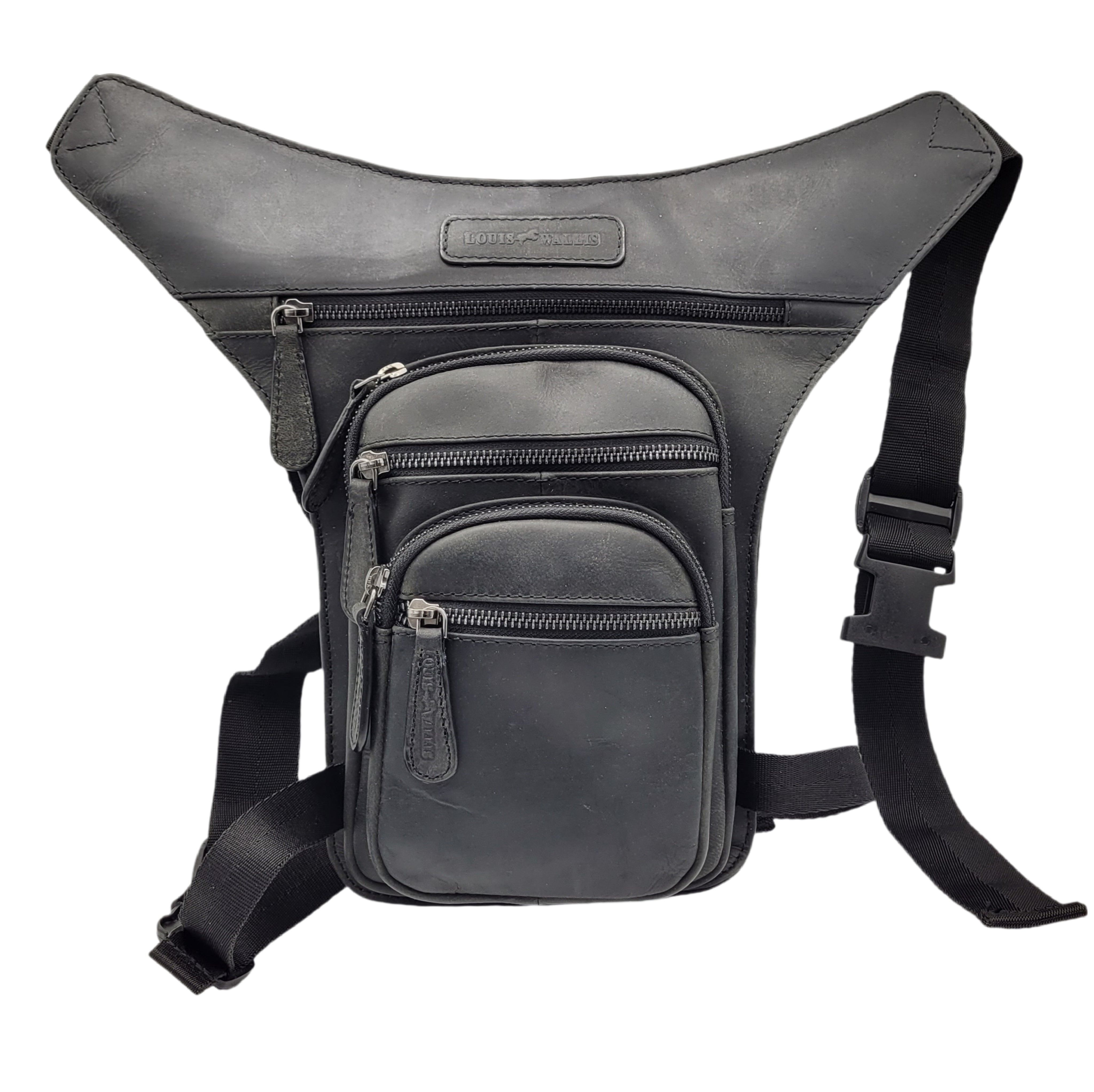 Beintasche aus Hunterleder Schwarz – Robuste Ledertasche - Bauchtasche mit 5 Reißverschlussfächern