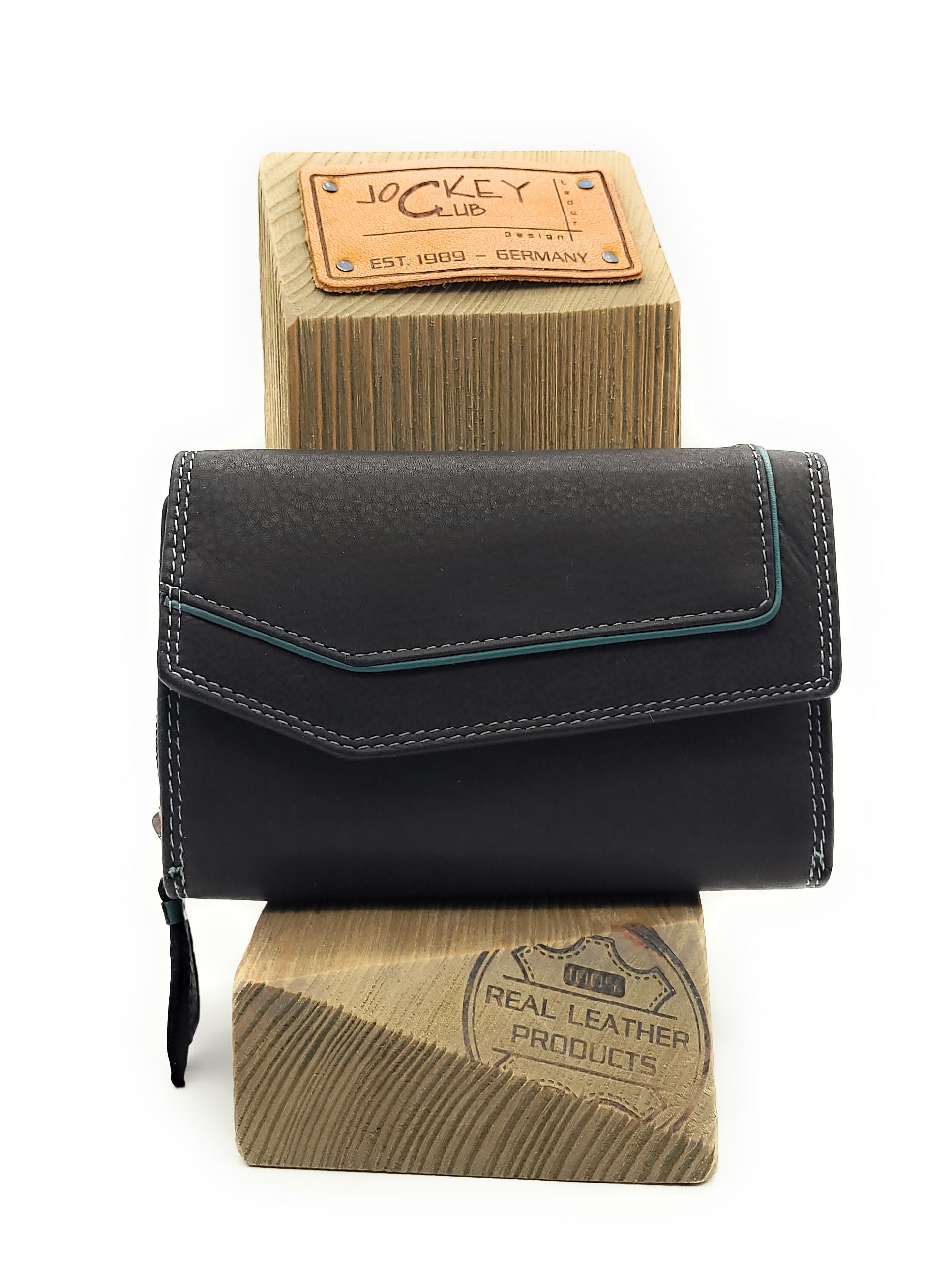 Jockey Club Leder-Geldbörse mit RFID-Schutz – Triangel-Design schwarz-petrol