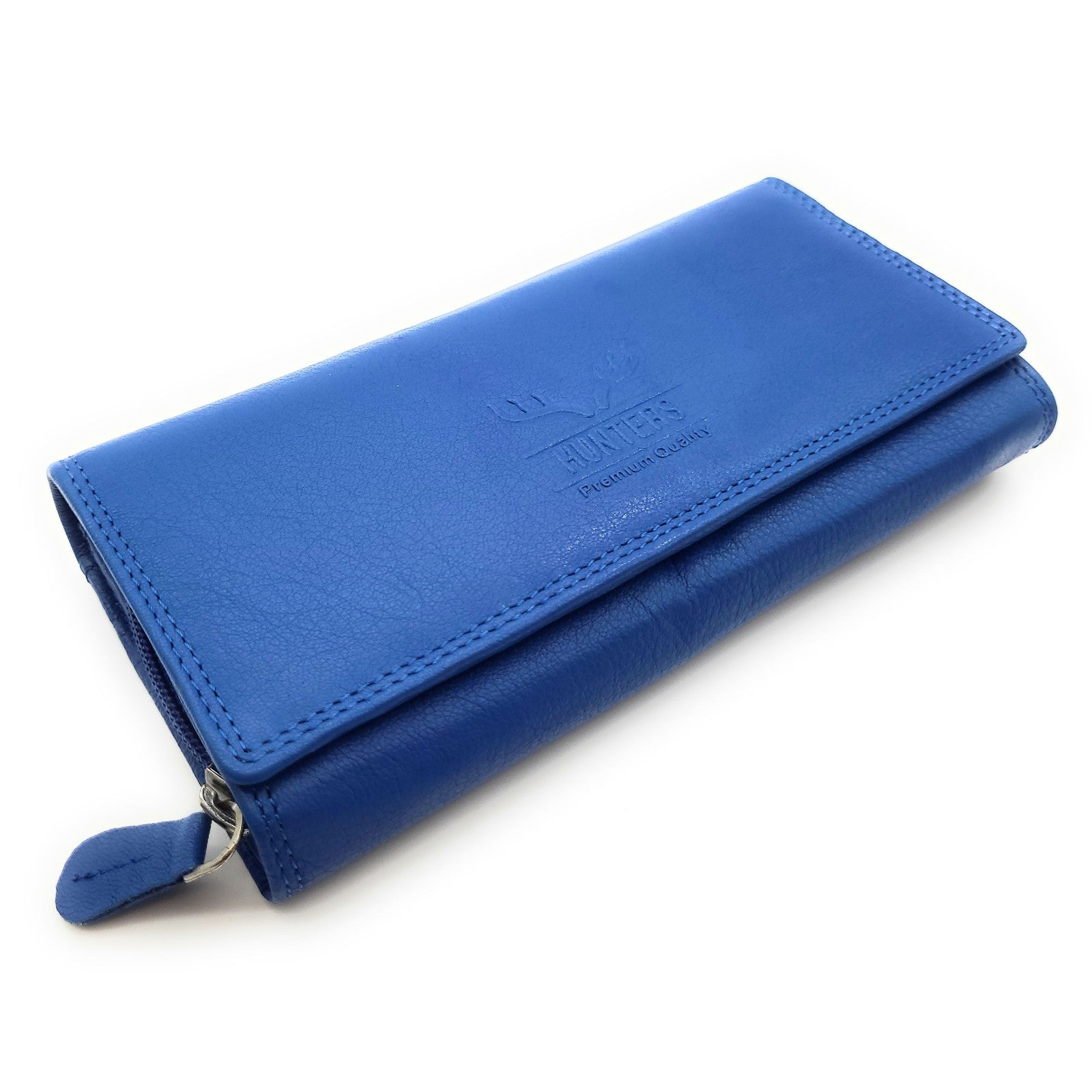 Große Damen Geldbörse aus Echtleder mit RFID-Schutz, 18 Kartenfächer, Langformat mit Münzfach & Doppelnaht blau