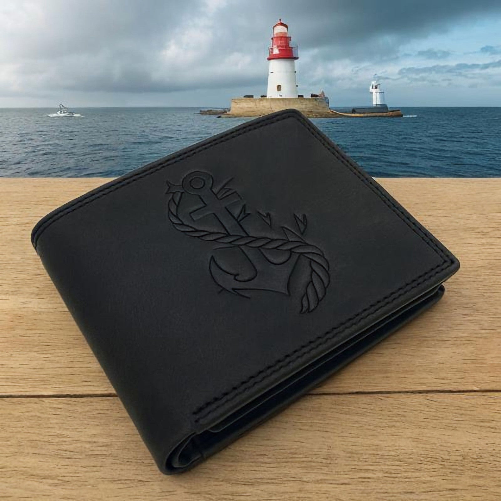 Maritime Geldbörse Herren Leder Dunkelgrau mit Anker-Prägung - RFID Schutz, 10 Kartenfächer, Münzfach