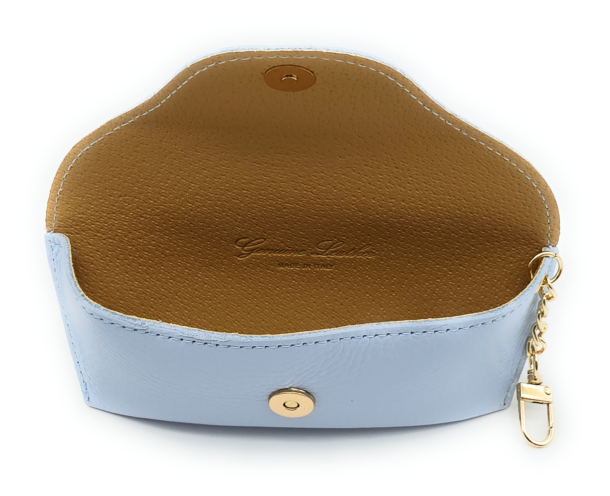 Brillenetui aus echtem Leder mit Magnetverschluss und Karabinerkette – Made in Italy hellblau