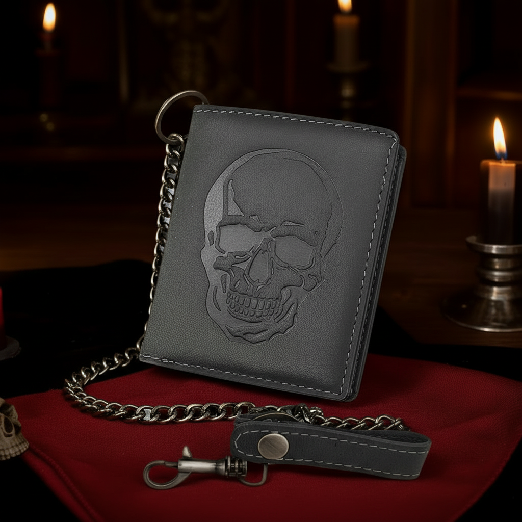 Jockey Club echt Leder Biker Geldbörse mit Kette Hunterleder Portemonnaie Totenkopf mit RFID Schutz Skull grau