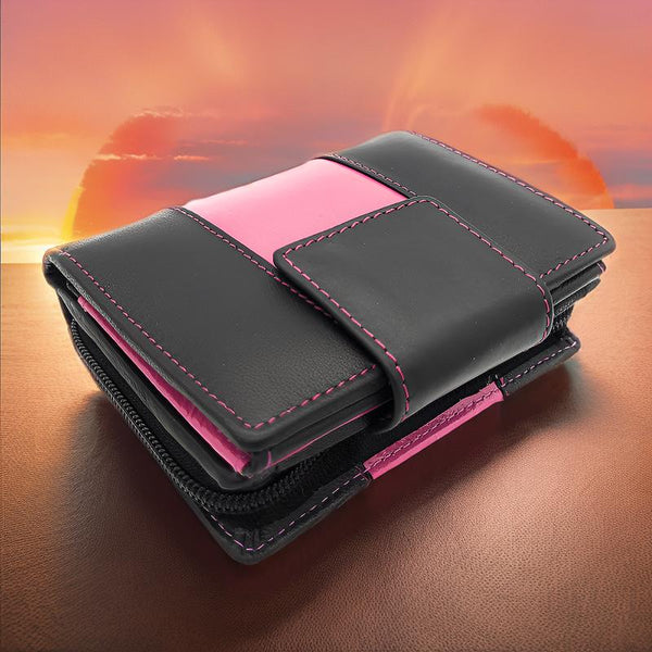 Lemasi Damen Geldbörse Portemonnaie Geldbeutel aus Nappaleder 10 Kartenfächer schwarz pink
