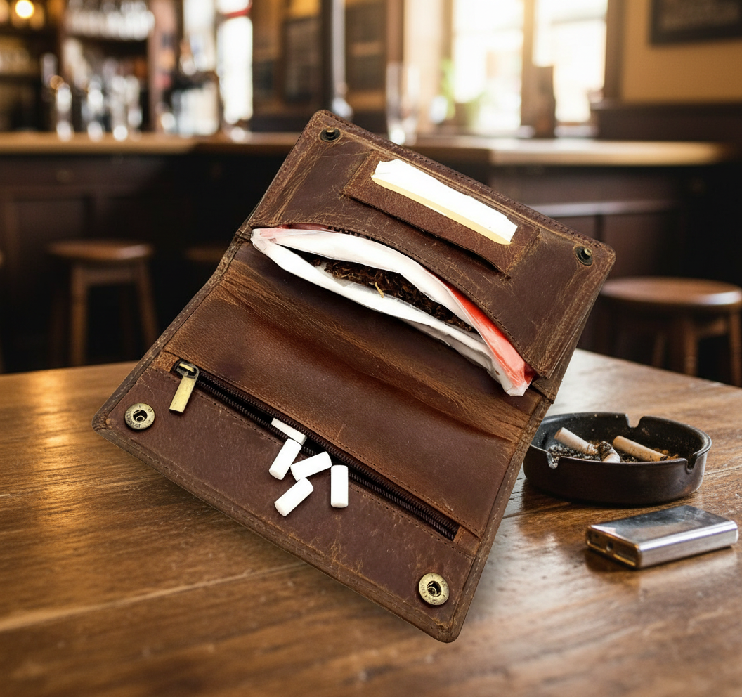 Tabakbeutel aus Büffelleder – Komfortgröße, passend für 30 g Tabakpackungen, mit Blättchenfach & Reißverschlussfächern, braun