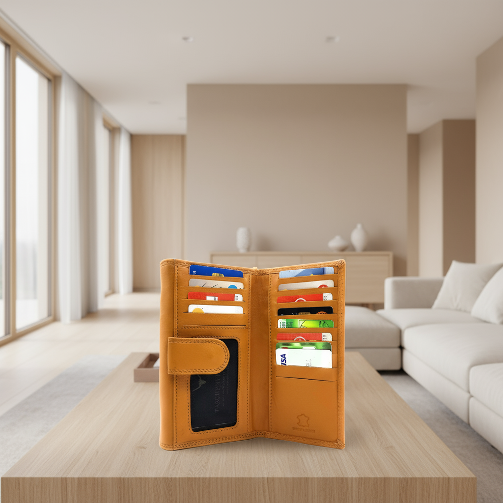 XXL Damenbörse Nappaleder RFID-Schutz – 18 Kartenfächer, Münzfach, Echtleder Geldbörse cognac