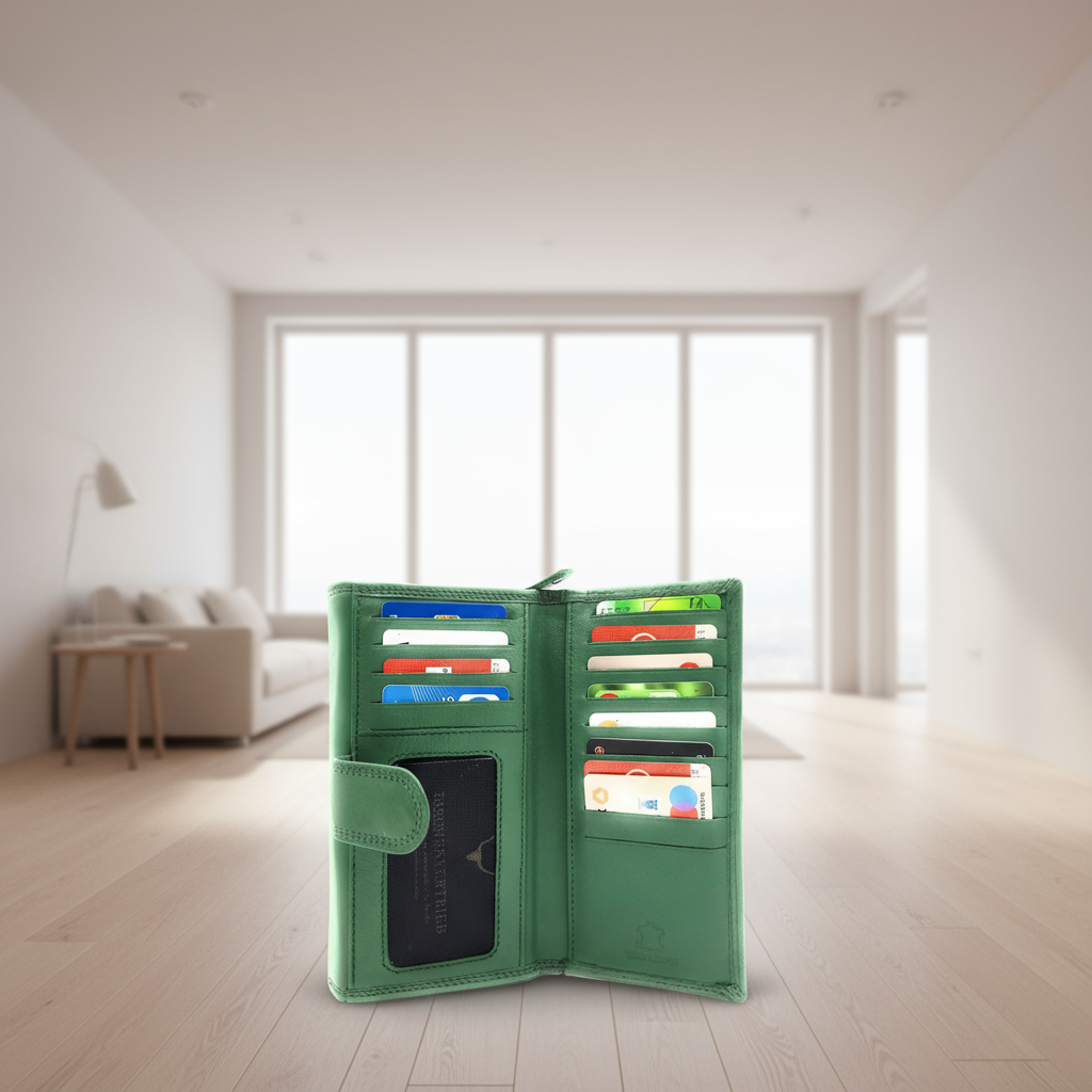 XXL Damenbörse Nappaleder RFID-Schutz – 18 Kartenfächer, Münzfach, Echtleder Geldbörse grün